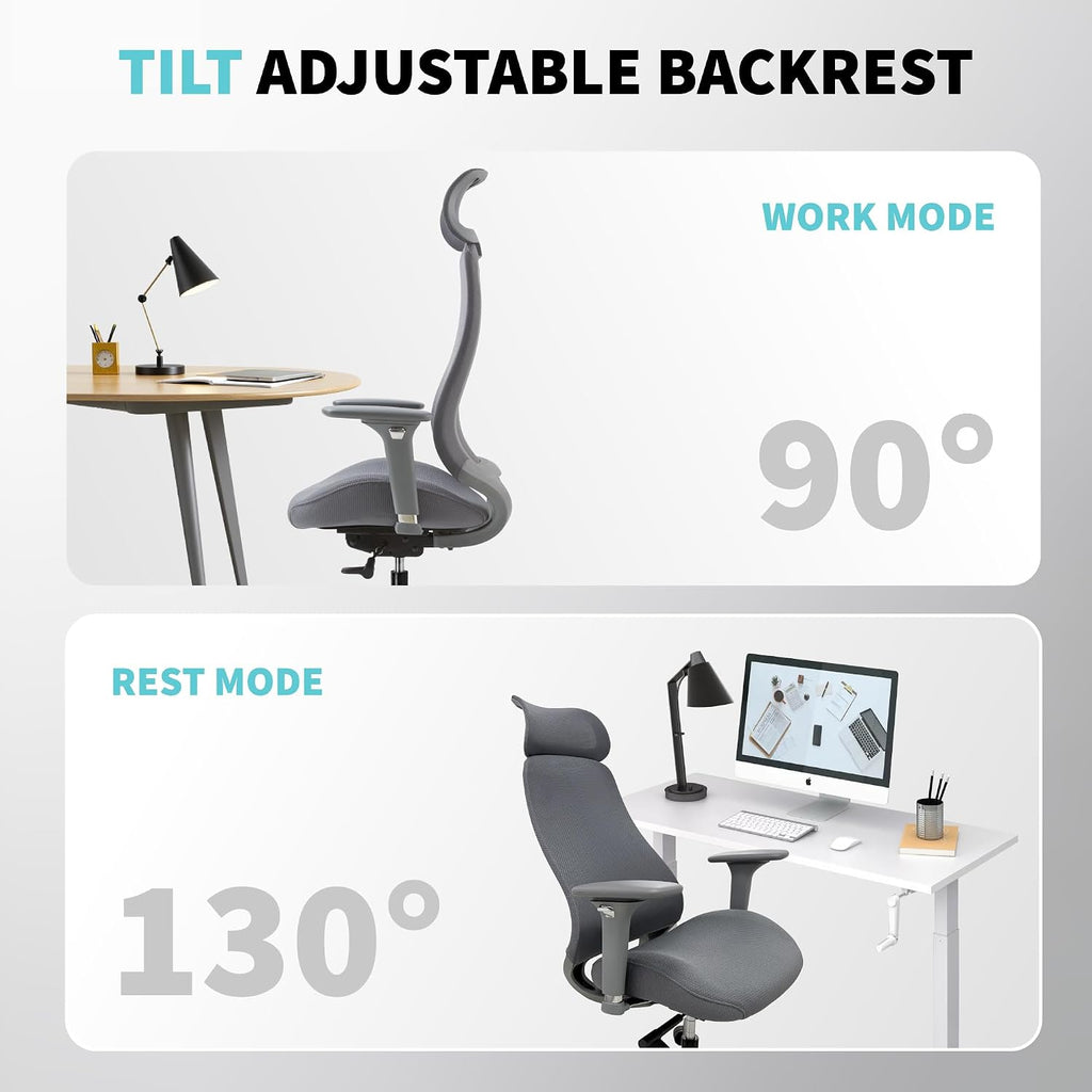 Ergonomic Mesh Office Chair with S-Shaped Backrest, 4D Adjustable Armrests, Sliding Seat Depth, Fixed Headrest, Dual-Layer Mesh, 130° Recline, SGS Class 3 Gas Lift, 300 lbs Capacity