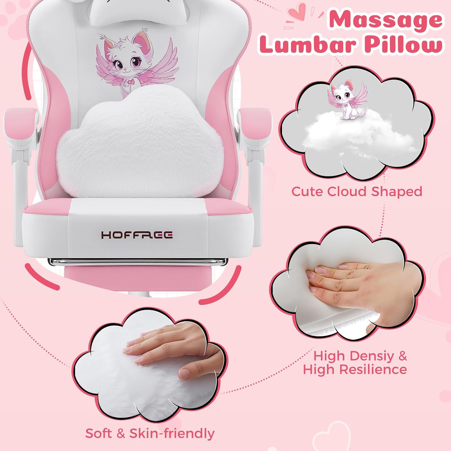 HOFFREE Pink Gaming Chair with Cat Ears and Cloud Massage Lumbar Ergonomic Cute Computer Chair for Girls with Footrest Comfortable Reclining Game Chairs for Adults Pink and White