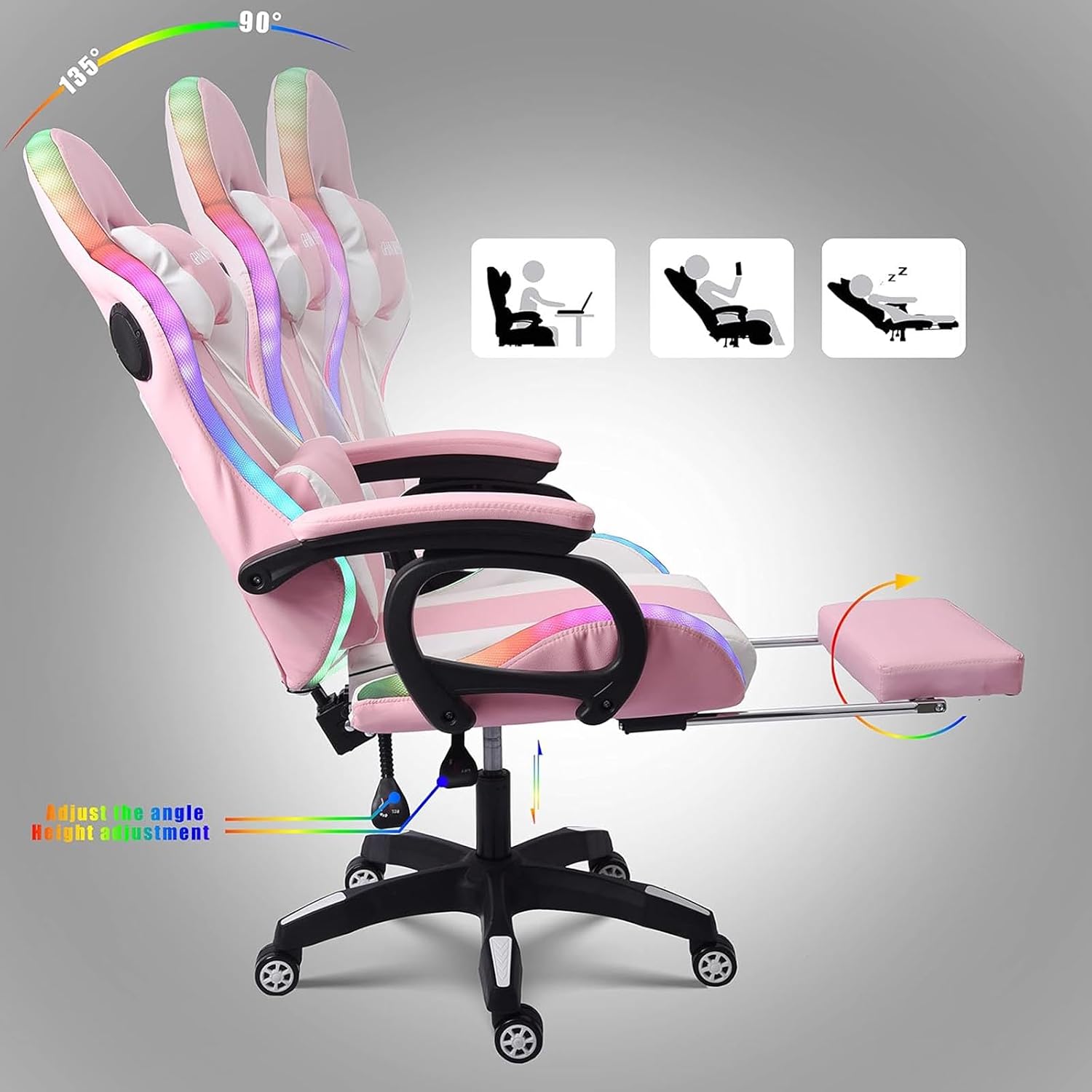 Video Gaming Chair with Footrest,Game Chair with Bluetooth Speakers,Computer Chair with LED Lights,Ergonomic Massage Gaming Chair with Massage Function,360°Swivel 90°-135° Adjustment Backrest (Pink)