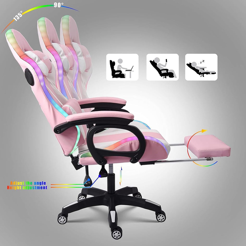 Gaming Chair with Bluetooth Speakers,Computer Chair Massage with LED Lights,Ergonomic Game Chair,Computer Stool with Footrest and Lumbar Support Height Adjustable with 360°-Swivel Seat (Pink)