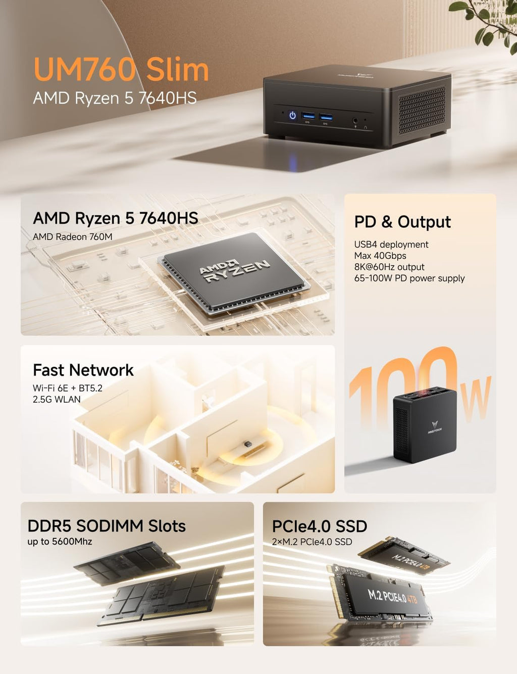 MINISFORUM UM760 Slim Mini PC, AMD Ryzen 5 7640HS Processor Mini Computer(6C/12T, Up to 5.0GHz), 16GB DDR5 RAM & 1TB PCIe 4.0 SSD, Support 8K@60Hz HDMI 2.1/USB4 Output, WIFI6E/BT5.3/Auto Power On