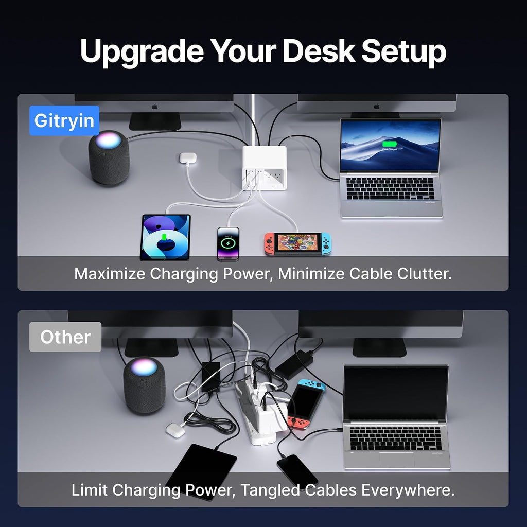 Gitryin 10-in-1 Desktop Charging Station with 2 Retractable Wall Chargers, 40W USB-C Power Strip with 6 AC, 2 USB C, 2 Type-C 33.5in Cables, Extension Cord with 1020J Surge Protection for Home Office
