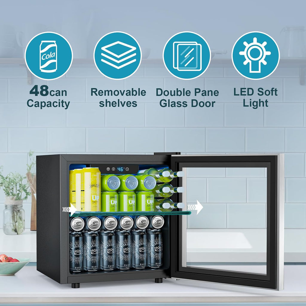 Electactic 48 Can Beverage Refrigerator,12 Bottle Wine Cooler with Stainless Steel Glass Door, Digital Temperature Display, Countertop Mini Fridge for Soda, Wine or Beer, Silver