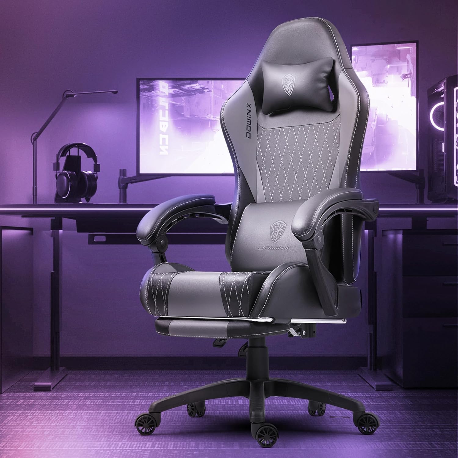 Dowinx Gaming Chair with Massage Lumbar Support and Footrest, Video Game Chair for Adults, Adjustable Ergonomic Gamer Chairs High Back with Pocket Spring Cushion, Swivel Recliner with Headrest, Grey