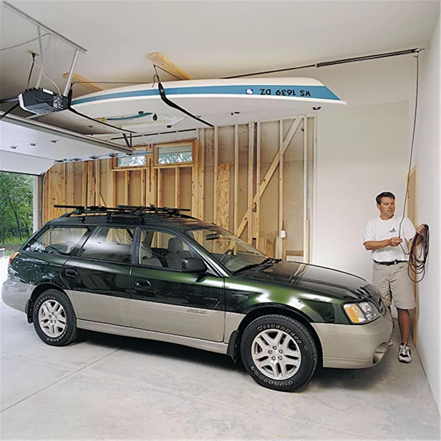 HARKEN Hoister Cargo Carrier Box & Overhead Garage Storage Hoist System for Cargo, Canoes, Boards (90lb Capacity, 16ft Ceiling) Self-Leveling, Safe Anti-Drop, Easy One-Person Operation -7802.16