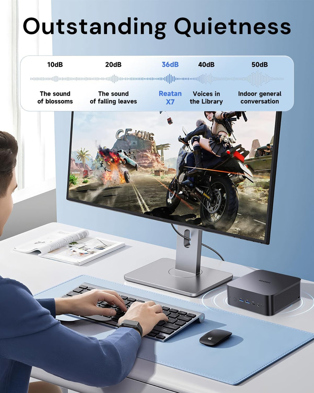 Reatan X7 Mini Gaming PC,AMD Ryzen 7 255(8C/16T, up to 4,9 GHz) Radeon 780M 64GB RAM DDR5 + 2TB SSD Up to 8K Quad-Screen Display Desktop Gaming Mini Computers OCulink WiFi 7 BT:5.4 Built-in Speaker