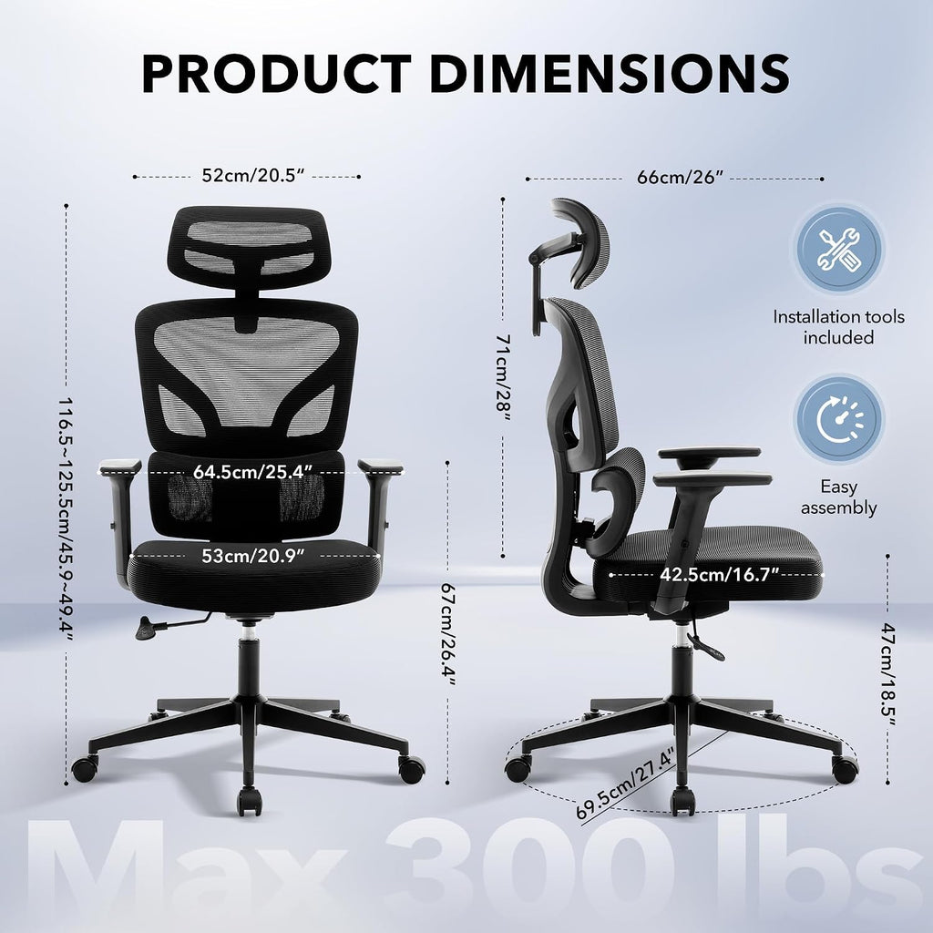 Office Chair Ergonomic Desk Chair - Home Mesh Office Desk Chair with Adjustable Lumbar Support, High-Back Computer Gaming Chair with Headrest 3D Armrests, Rolling Swivel Task Chairs for Home, Office
