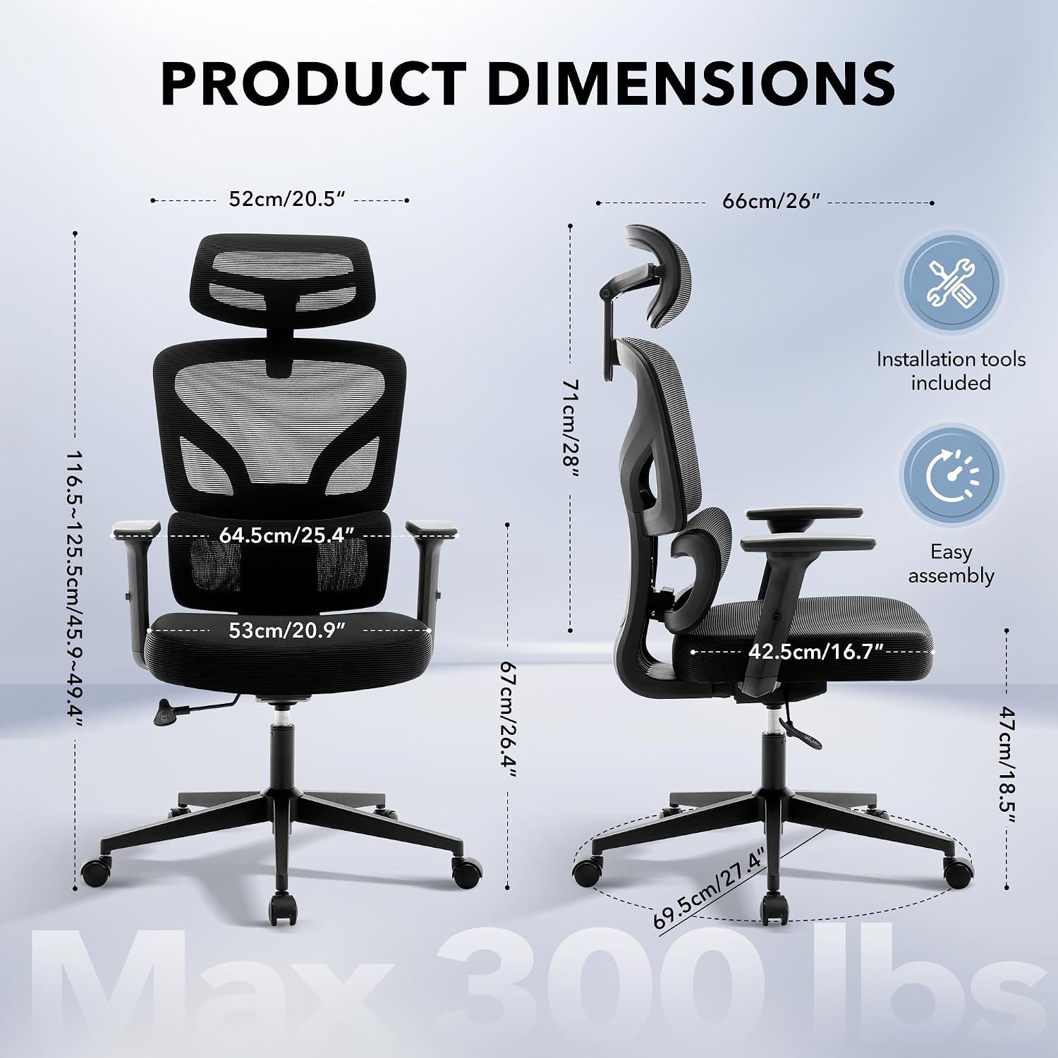 Office Chair Ergonomic Desk Chair - Home Mesh Office Desk Chair with Adjustable Lumbar Support, High-Back Computer Gaming Chair with Headrest 3D Armrests, Rolling Swivel Task Chairs for Home, Office