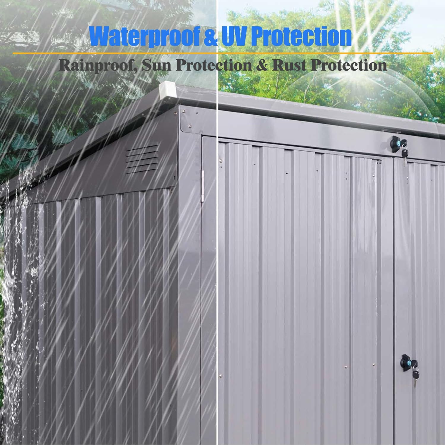 Upgraded Outdoor Trash Can Storage, 62'' Garbage Bin Shed Stores 2 Trash cans and Tools,Stainless Galvanized Steel Waterproof Lockable Garbage Shed for Garden Yard Lawn (Gray)