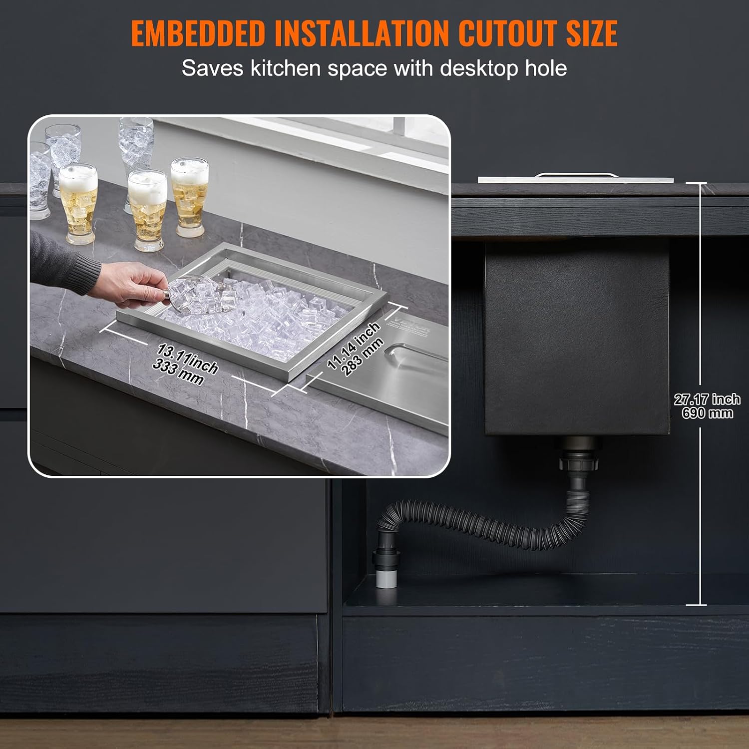 VEVOR Drop in Ice Chest, 14' L x 12' W x 18' H Stainless Steel Ice Cooler, Commercial Ice Bin with Cover, 40 qt Outdoor Kitchen Ice Bar, Drain-Pipe and Drain Plug Included, for Cold Wine Beer