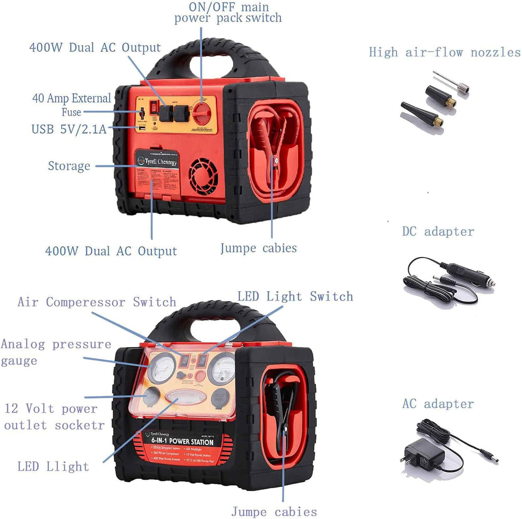 2200 Amp Car Jump Starter with Air Compressor,Portable Power Station with 260 PSI Tire Inflator,400W Power Inverter Dual AC/DC Ports,2.1A USB Port,Battery Clamps