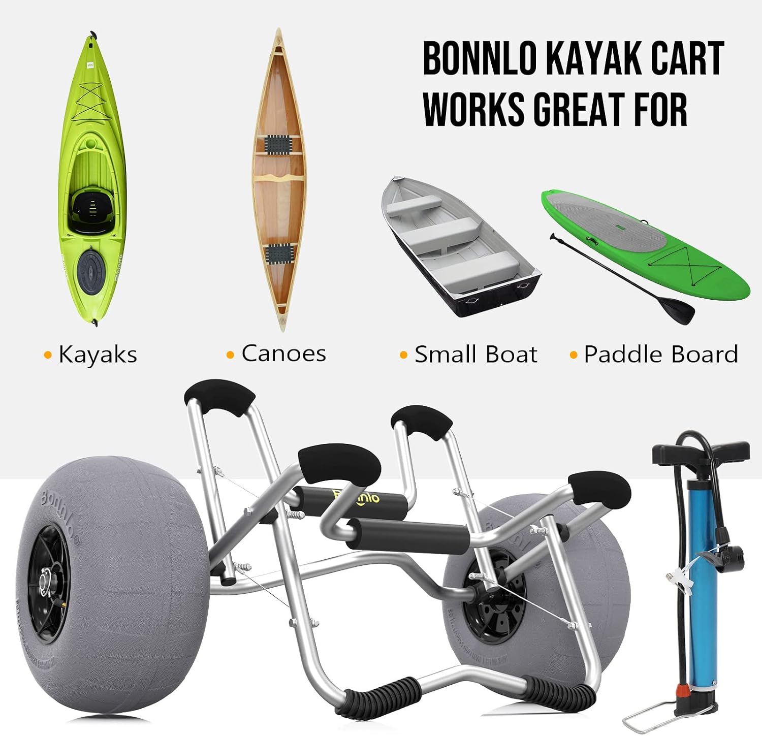 Bonnlo Kayak Cart Trolley Canoe Paddle Board Boat Cart Carrier Dolly with 12' Big Beach Wheels Balloon Kayak Transport Wheels Cart Foldable, Free Pump, 2 Ratchet Straps- Perfect for Soft Sand