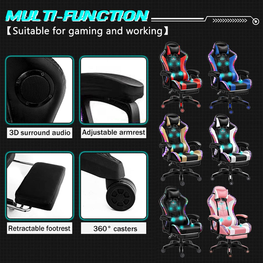 XOOFMASS Gaming Chair with Speakers, Video Game Chair with RGB Light Ergonomic Massage Office Chair, PU Leather Recliner Computer Chair, E-Sports Chair with Headrest Armrest Lumbar Support,Black