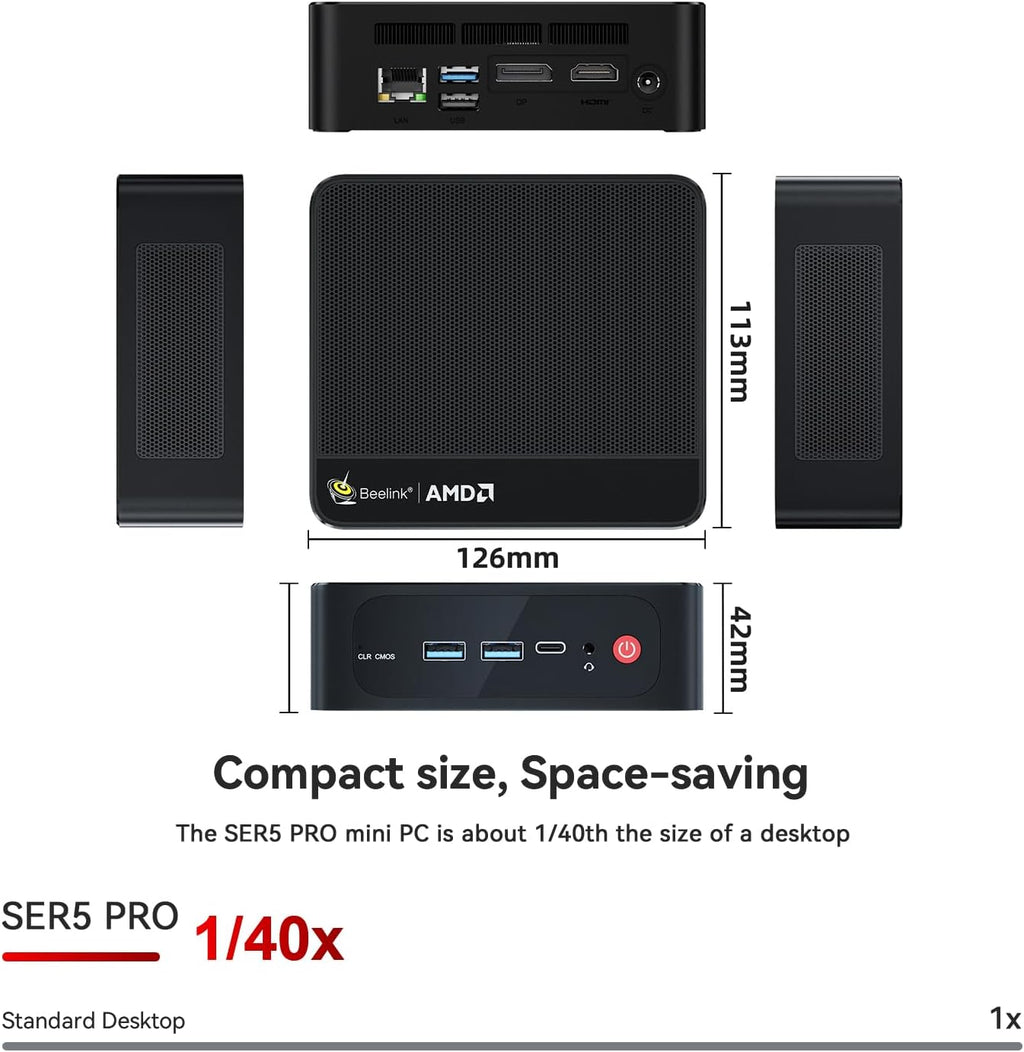 Beelink SER5 Mini PC AMD Ryzen 7 5850U(7nm,8C/16T,up to 4.4GHz), Mini Computer with 32GB DDR4 RAM 1TB M.2 SSD Dual LAN, Support 4K Three Screen Display/HDMI+DP+Type-C/WiFi6/BT5.2/54W/HTPC/Micro PC