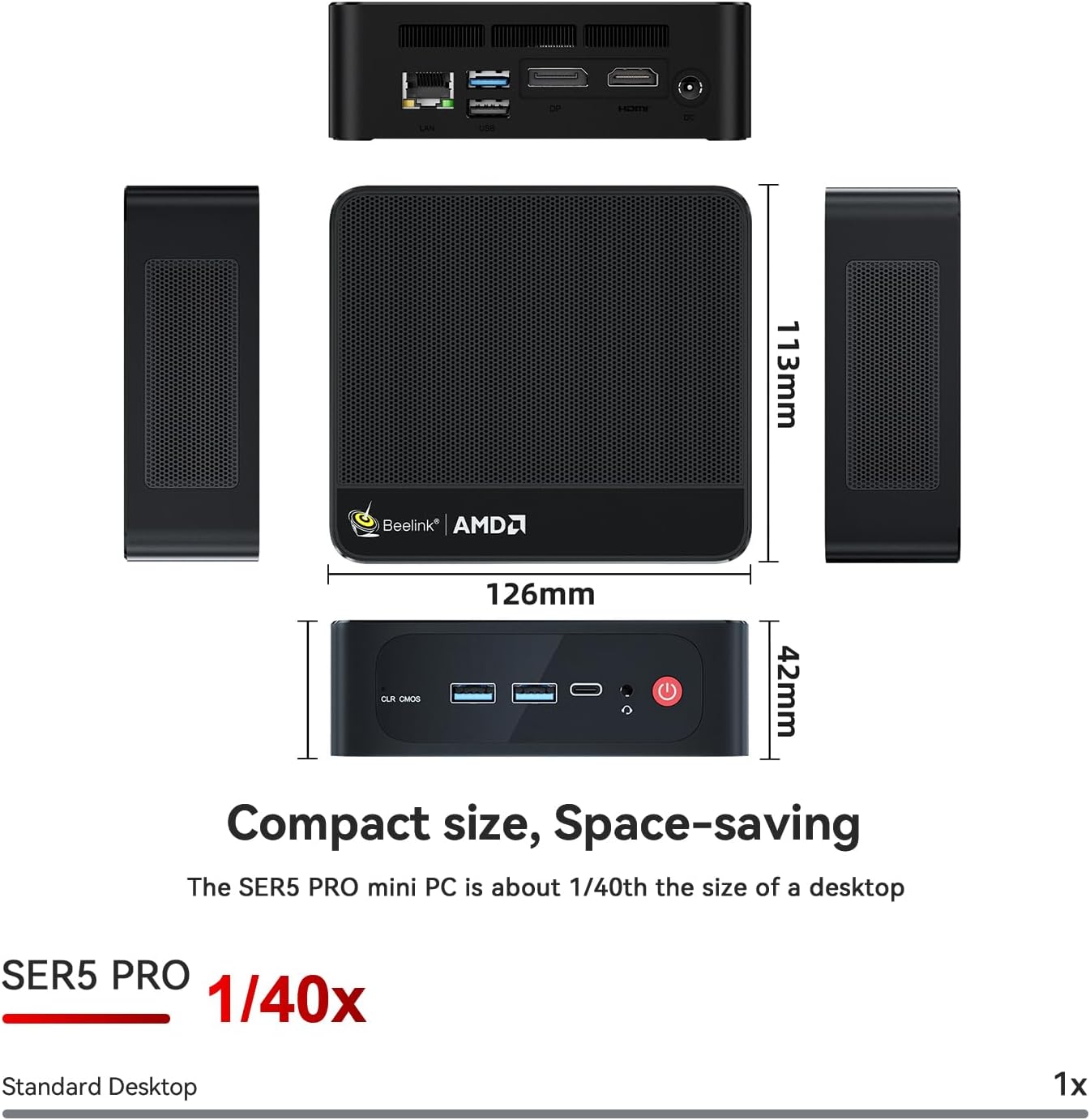 Beelink SER5 Mini PC AMD Ryzen 7 5850U(7nm,8C/16T,up to 4.4GHz), Mini Computer with 32GB DDR4 RAM 1TB M.2 SSD Dual LAN, Support 4K Three Screen Display/HDMI+DP+Type-C/WiFi6/BT5.2/54W/HTPC/Micro PC