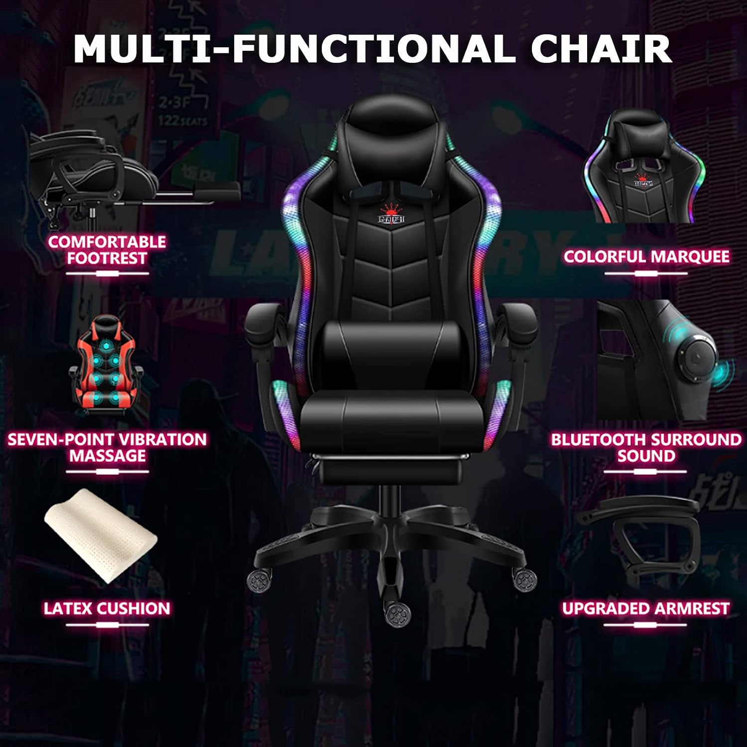 Video Gaming Chairs with LED Light, Bluetooth Speakers Computer Chair with Full Massage Lumbar Support, Ergonomic Pro Gaming Chair for Retractible Footrest and Backrest Adjustable,Black