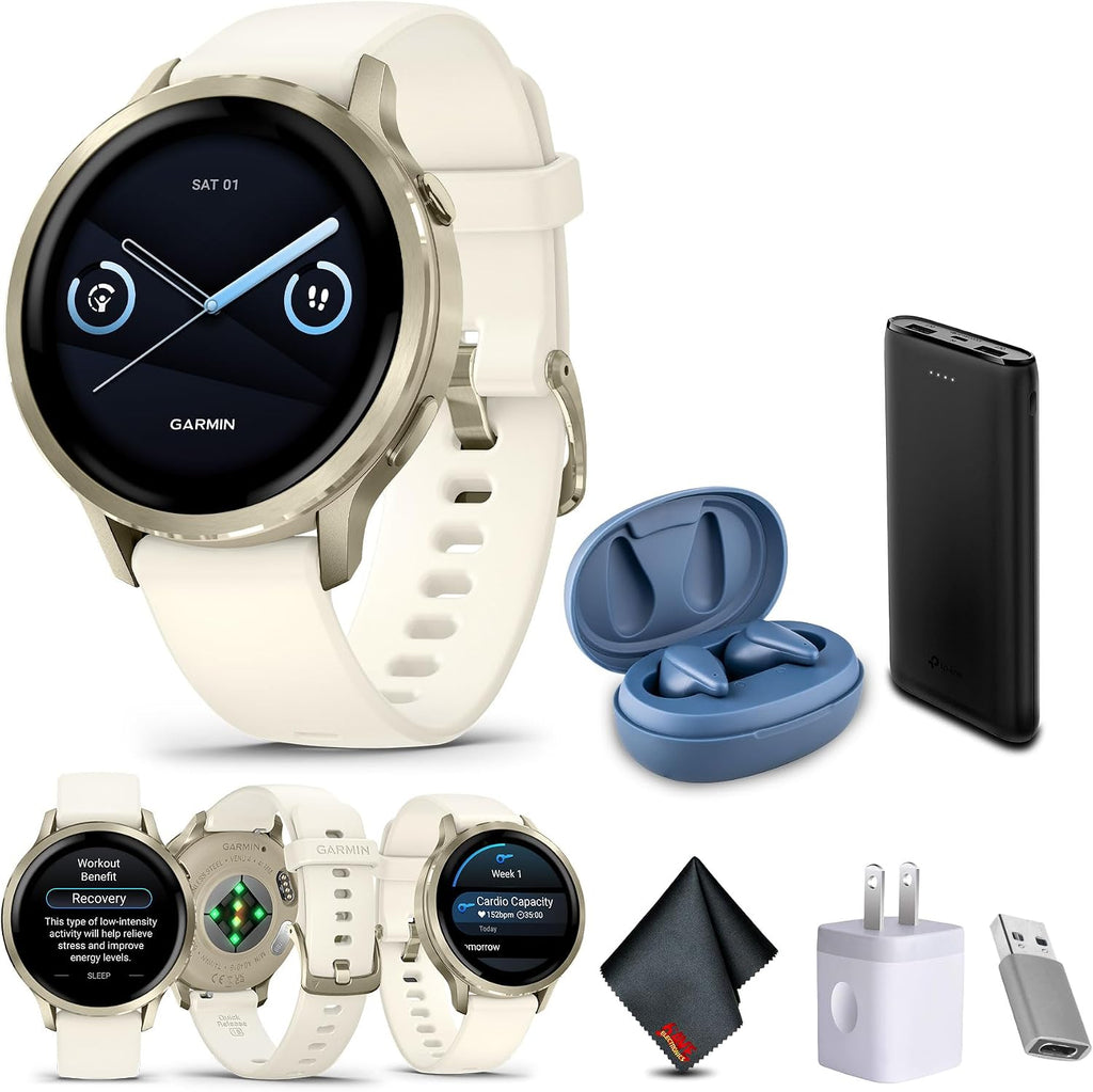Garmin Venu 4, 41mm, Advanced Fitness and Multisport Tracker GPS Smartwatch, 1.2' AMOLED Display, Built-in Flashlight, 10 Days of Battery Life, Lunar Gold with Bone Silicone Band (Watch Bundle)