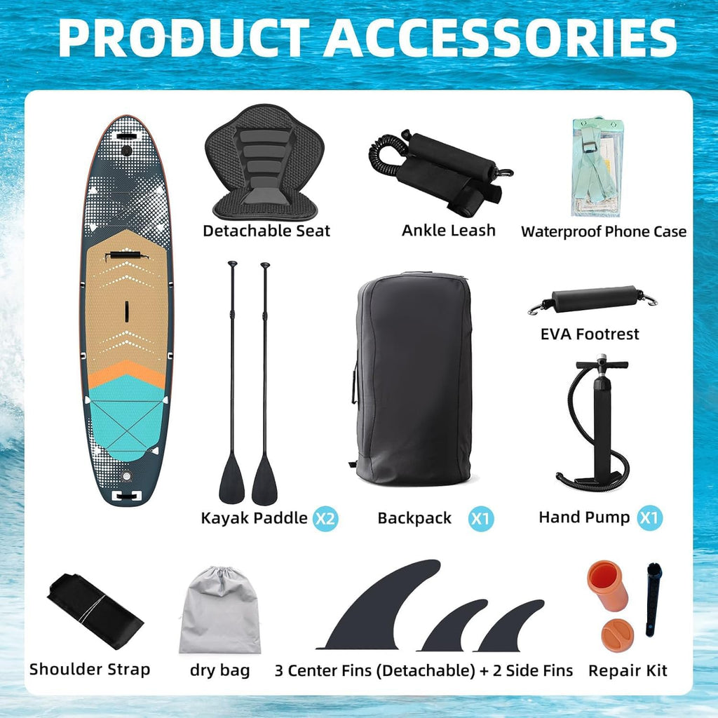 Inflatable 10.5' Stand Up Paddle Board with Strapped Seat, Premium SUP Board Kit, Includes Paddle, Pump, Backpack, Waterproof Bag, Perfect for Yoga, Fishing, and Surfing, Dark Blue & Red