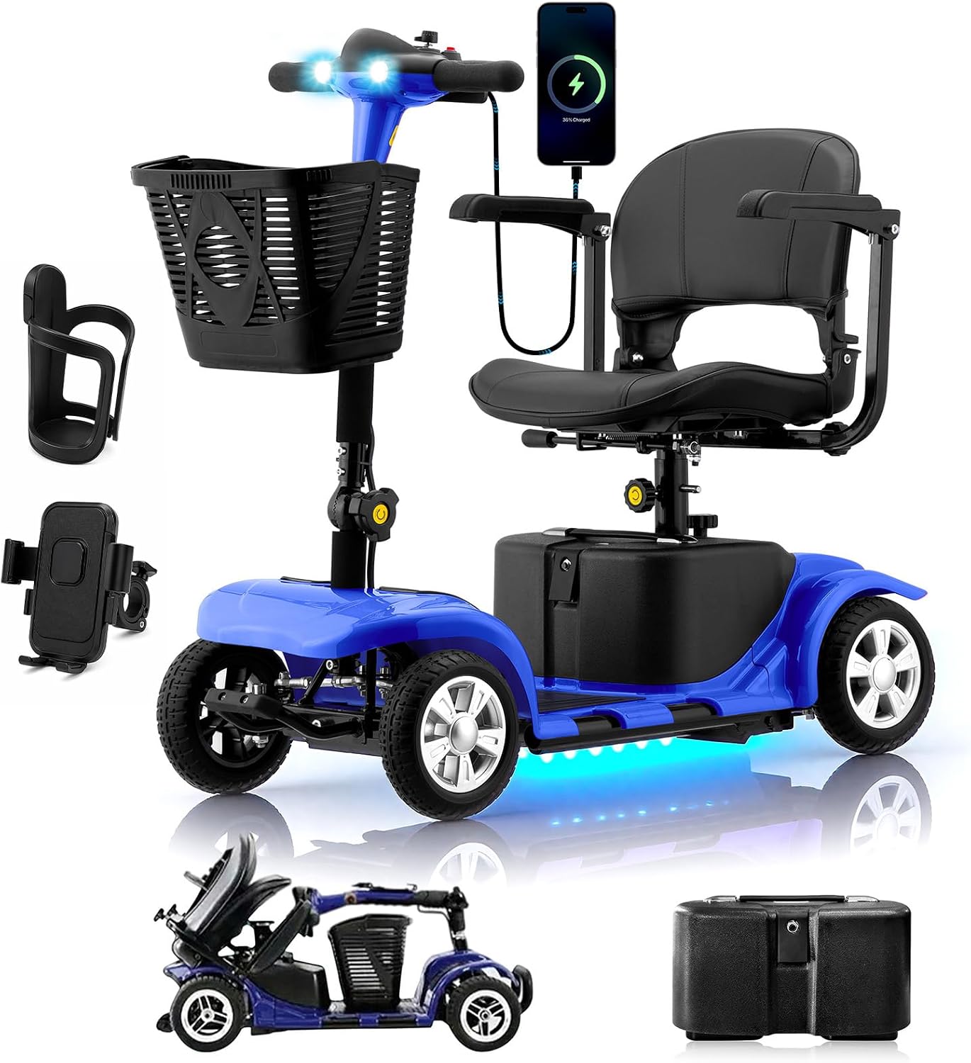 Mobility Scooter for Adults, Senior, 4 Wheels Electric Powered Chargeable Device for Travel, Lightweight Mobility Scooter, with LED Headlights and Basket, Charger Included