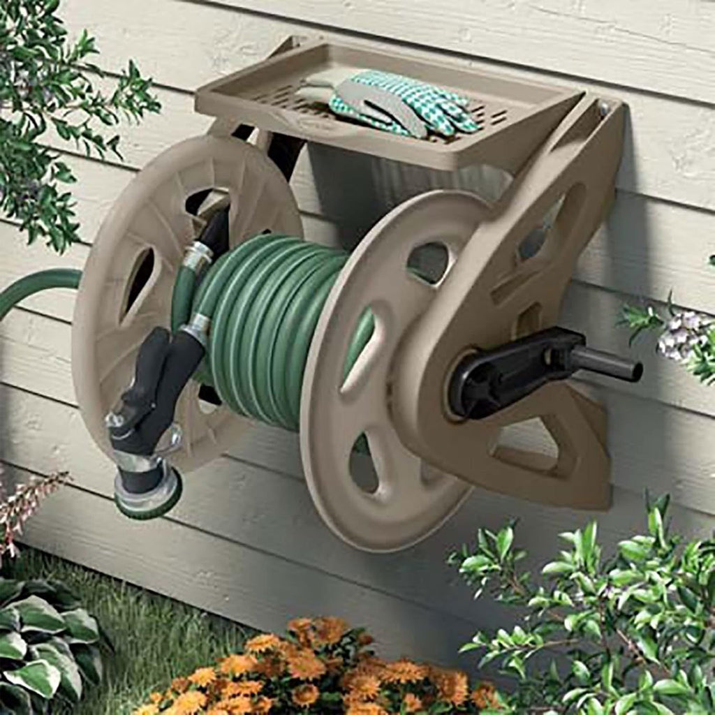 Suncast Handler Plastic Wall-Mounted Outdoor Weatherproof Garden Hose Storage Reel with Storage Tray, Holds 200 Feet of Hose (2 Pack)