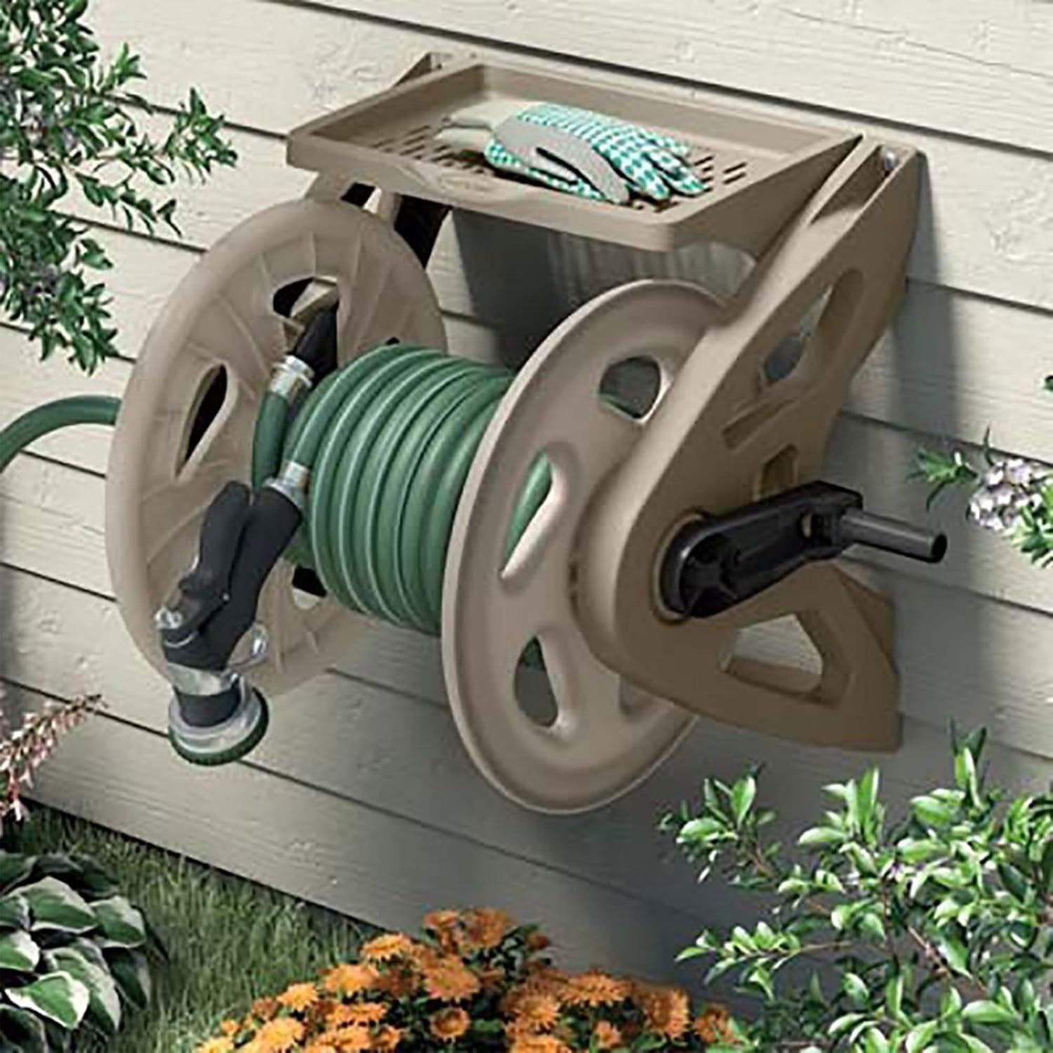 Suncast Handler Plastic Wall-Mounted Outdoor Weatherproof Garden Hose Storage Reel with Storage Tray, Holds 200 Feet of Hose (2 Pack)