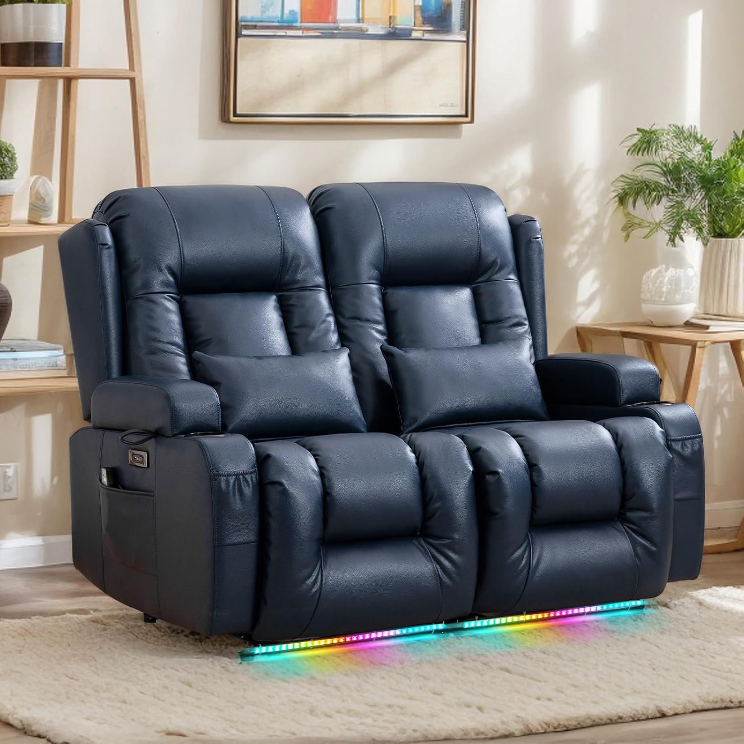 Loveseat Recliner Sofa, Leather Sofa with Massage & Heating, Home Theater Seating Power Reclining Loveseat with LED Light/Cup Holders/Lumbar Pillow (Blue, Loveseat)