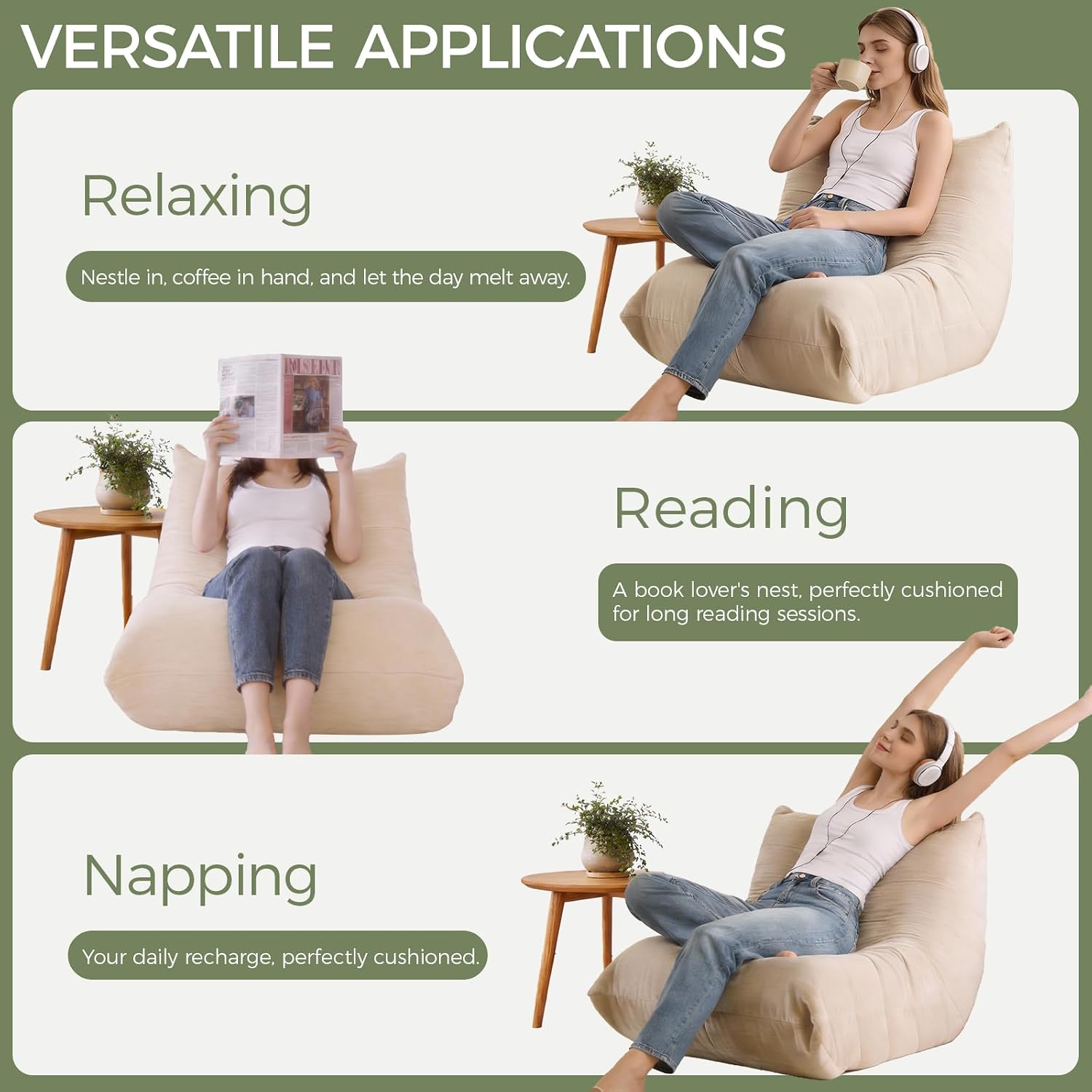 SUYOLS Bean Bag Chair, Fireside Chair Big Bean Bag Sofa for Adults/Teens, Memory Foam Bean Bag Gaming Chairs with Comfy Design & Premium Fabric, Lazy Floor Sofa for Living Room, Bedroom, Beige