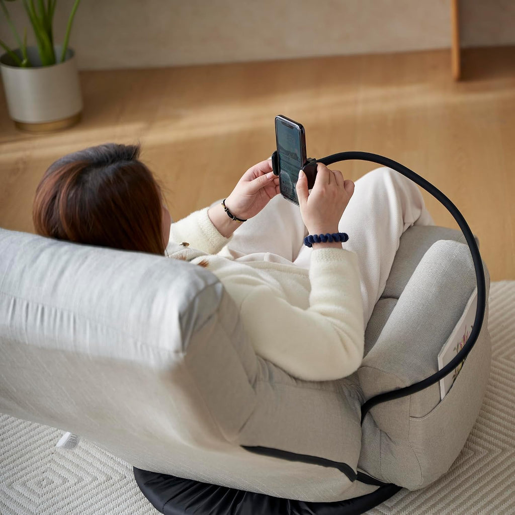 Yoglad Japanese Style Chaise Lounge Sofa with Phone Holder, 360-Degree Swivel Chair Floor Gaming Chair Lazy Sofa for Reading Game Meditating, 3 Adjustable Positions (Linen Gray)