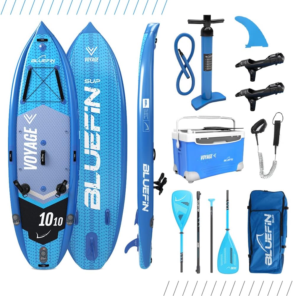 Bluefin SUP Voyage 10'10 Package with Cooler Box | Ultimate Activity Stand Up Inflatable Paddle Board | Added Stability | 20% Extra Width | Side Rails | 2X Fishing Rod Mounts | 5 Year Warranty