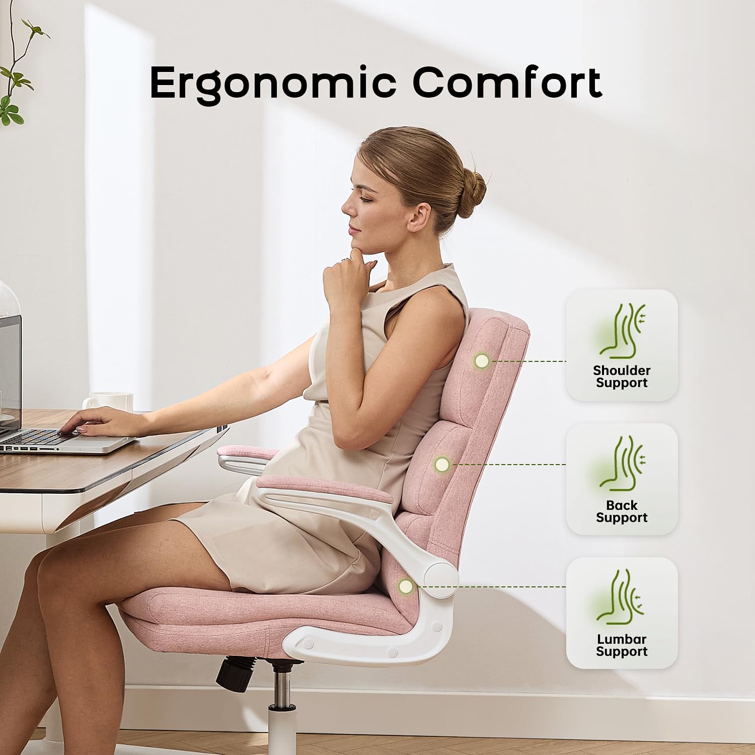 amseatec Office Chair Adjustable Desk Chair Mid Back Executive Comfortable Fabric Ergonomic Back Support Home Computer Chair with Padded Flip-up Armrest Swivel Wheels (Pink)