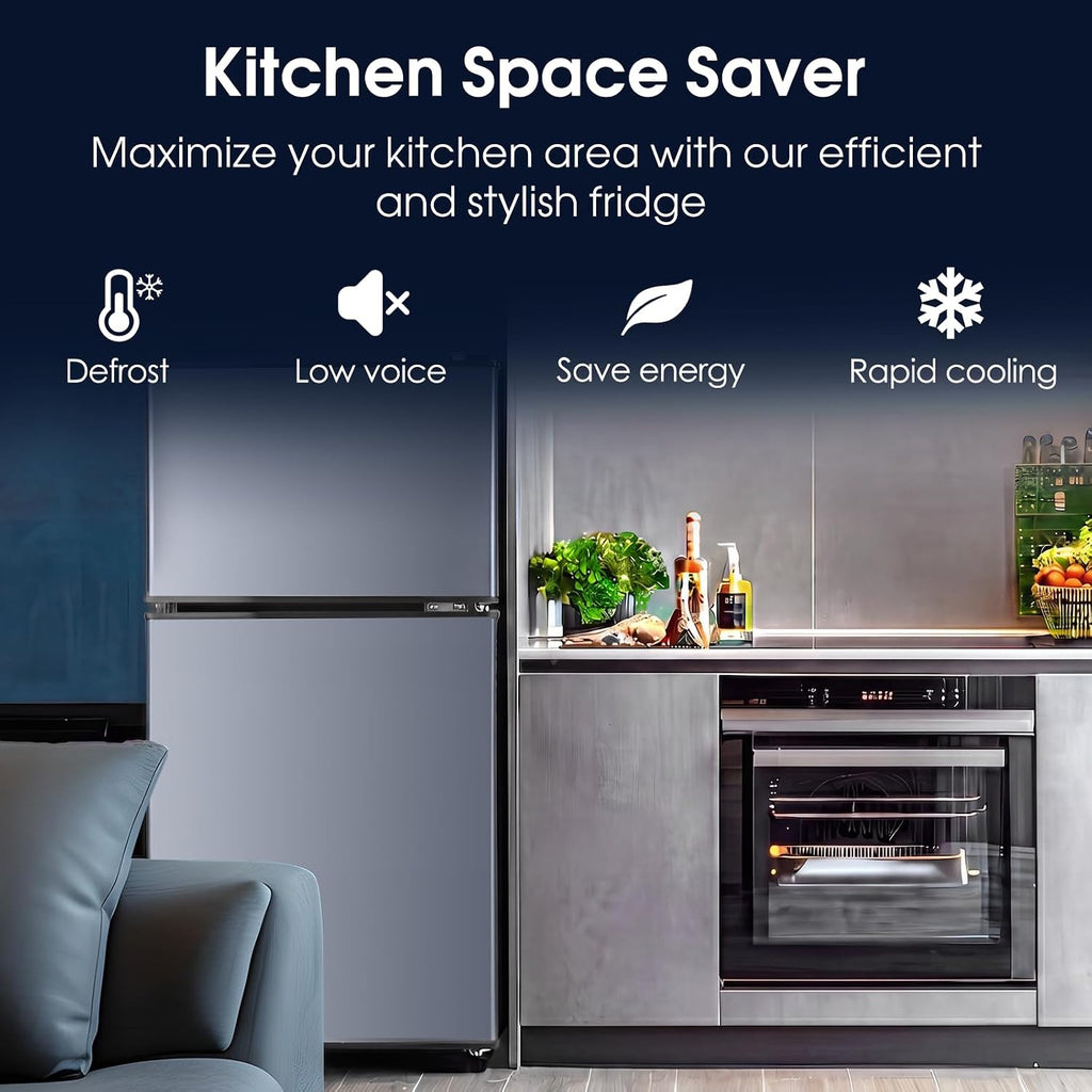 Anypro 2.9 Cu.Ft Fridge with Freezer, Double Door Refrigerator with 7-Level Temperature Control, LED Light, Adjustable Shelves for Bedroom, Office, Dorm, and Apartment, Blue Silver
