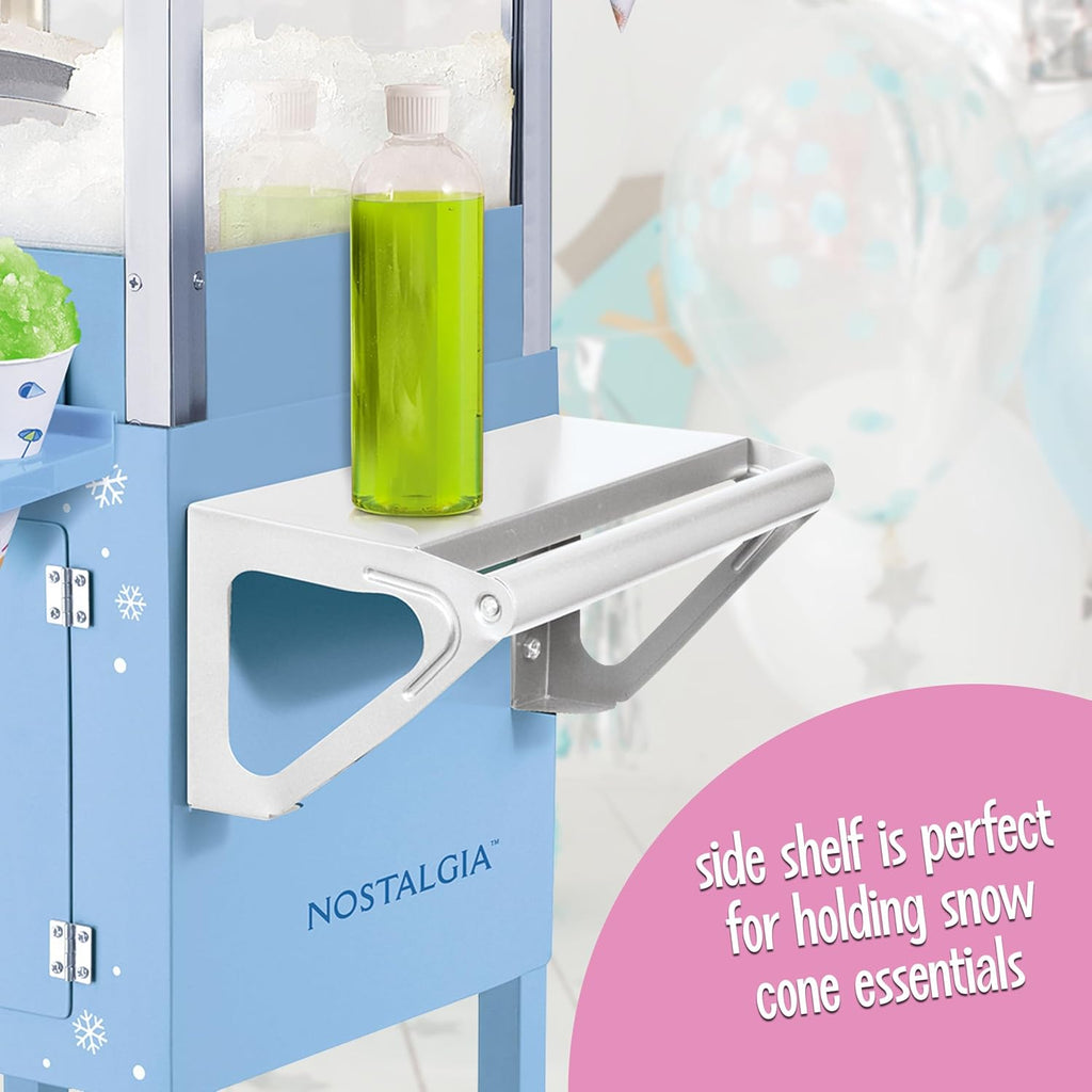 Nostalgia Snow Cone Shaved Ice Machine - Retro Cart Slushie Machine Makes 72 Icy Treats - Includes Metal Scoop, 2 Syrup Bottles, 100 Paper Cups/Spoons, Storage Compartment, Wheels - Blue, 54' Tall