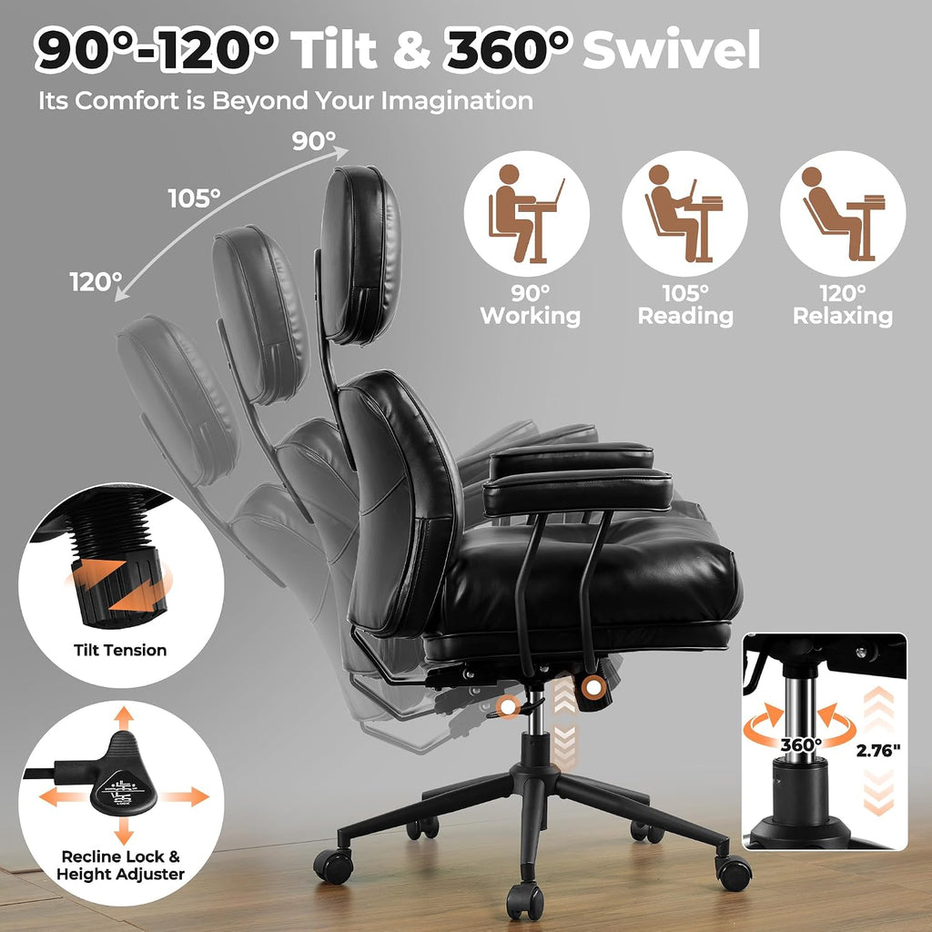 ovios Ergonomic Office Chair, High Back Faux Leather Executive Chairs with Thick Cushion, Comfy Mid-Century Modern Swivel Rolling Computer Armchair (Black, PU Leather)