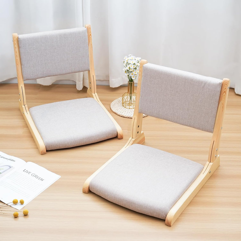 Japanese Floor Chair with Back Support, Foldable Meditation Chair, Legless Tatami Chair with Cushion, Floor Seat for Living Room, Bedroom, Bay Window (2, Gray)
