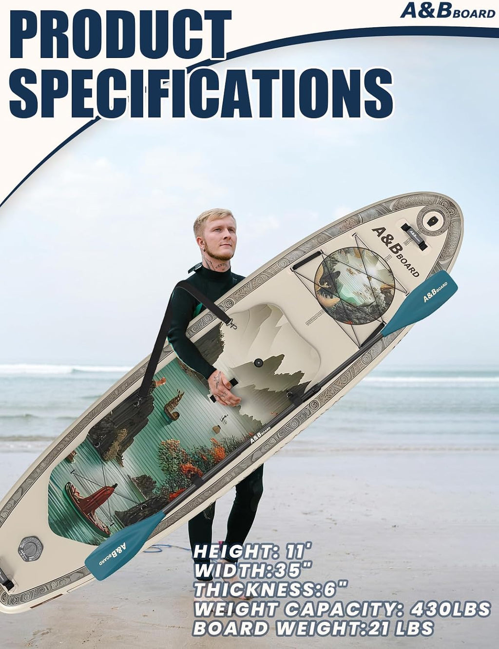 ABBOARD Inflatable Stand Up Paddle Board - Extra Wide Fishing Paddleboard with Sup Accessories Youth/Adults