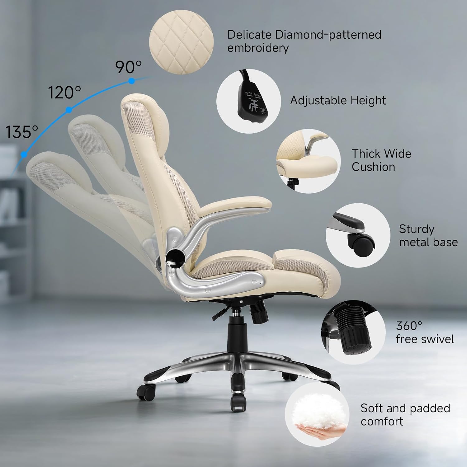 COMHOMA Big and Tall High Back Office Chair 400LBS Wide Leather Executive Chair Height Adjustable Lumbar Support & Armrests, Comfy Desk Gaming Chairs Computer Swivel Chair, Beige
