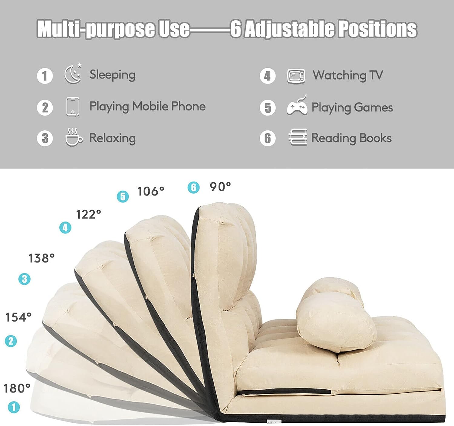 DORTALA Foldable Floor Sofa, 6-Position Adjustable Lounge Couch with 2 Pillows & Suede Cloth Cover, Modern Lounge Mattress Video Gaming Lazy Couch, Suede Floor Seating Sofa, 71' x 44.5', Beige