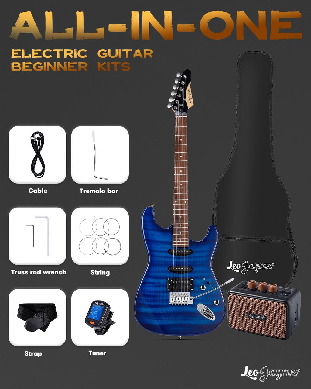 Leo Jaymz 39' Full Size ST Style Electric Guitar Starter Kit with SSH Pickup, 5W Portable Amp, Tuner, Gig Bag, Strap & Accessories(Blue Flame 5W)