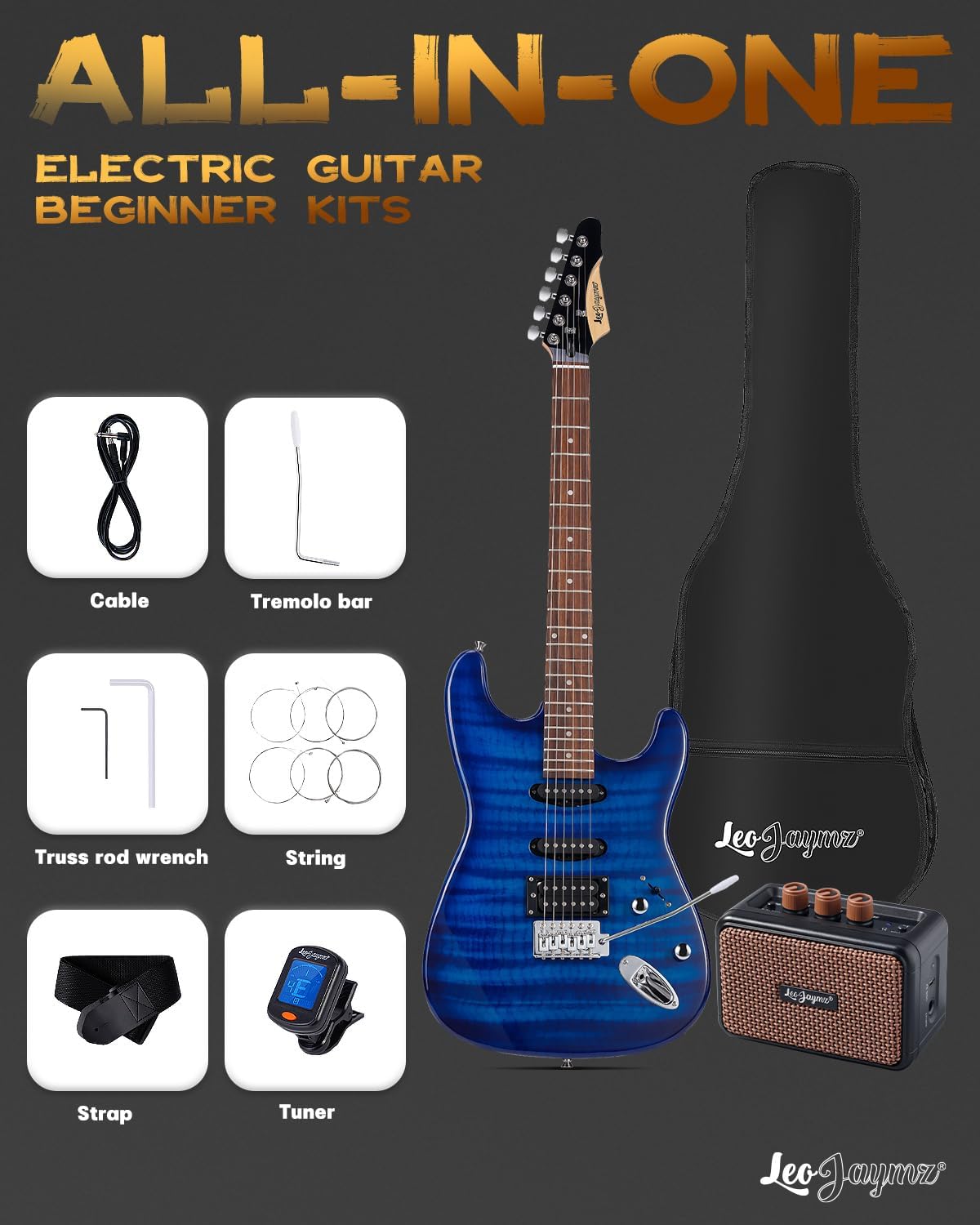 Leo Jaymz 39' Full Size ST Style Electric Guitar Starter Kit with SSH Pickup, 5W Portable Amp, Tuner, Gig Bag, Strap & Accessories(Blue Flame 5W)