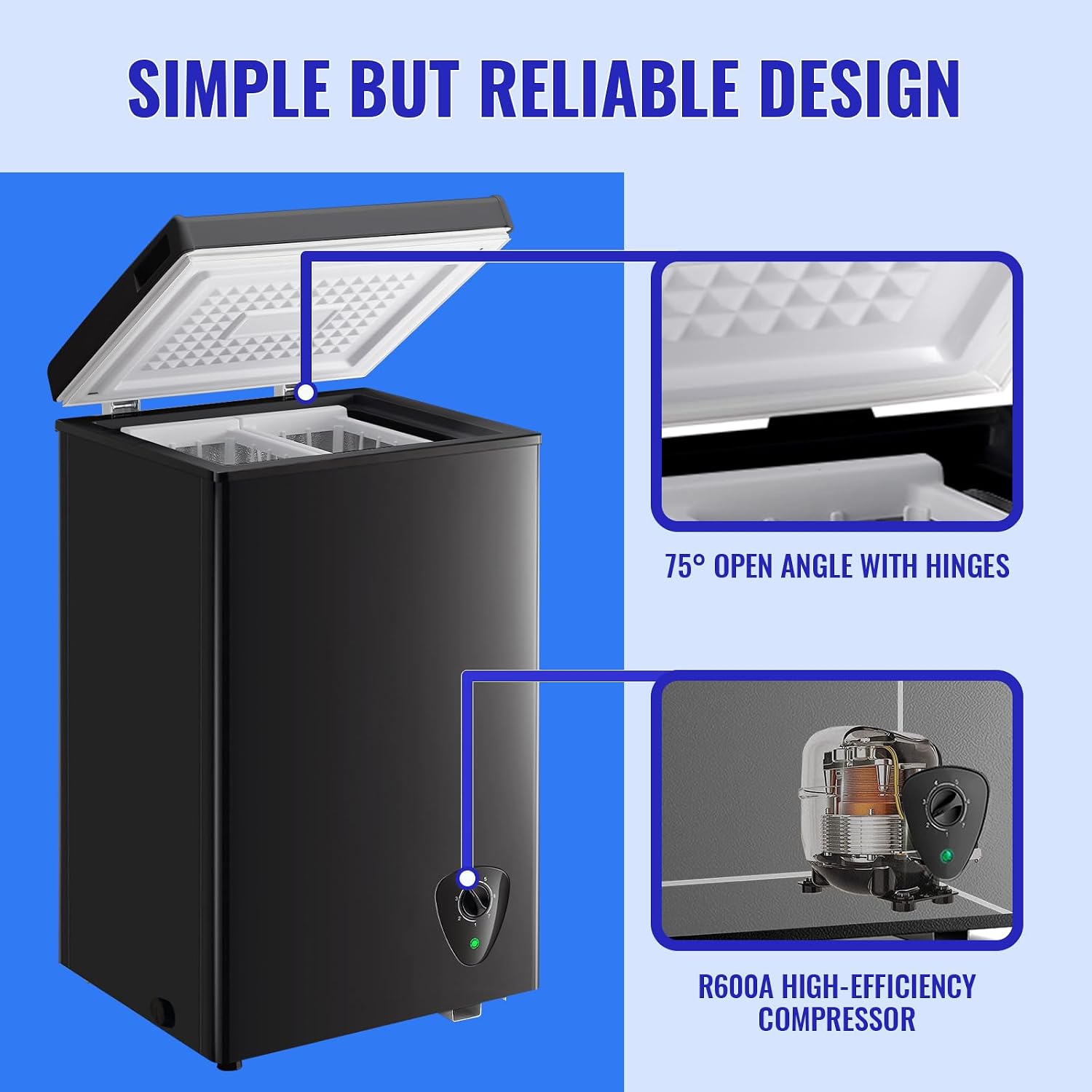 WANAI Chest Freezer Deep Mini Freezer with Compact Capacity Fast Freezing Freezers for Home Office Dorm with 2 Removable Basket Adjustable Feet, 7 Temp Control from -11.2 ℉ to 50 ℉ Black