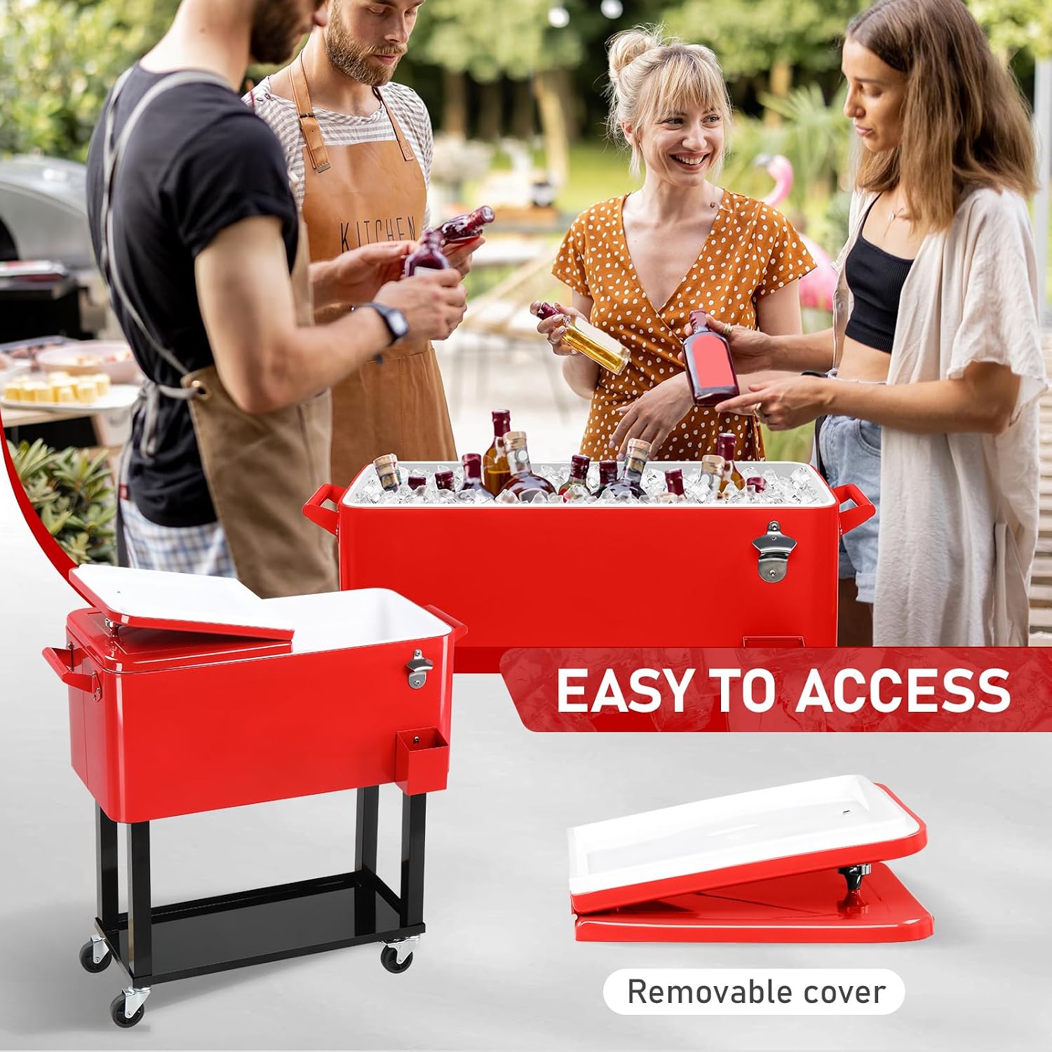 Outvita 80 Quart Rolling Ice Chest, Portable Bar Drink Cooler with Catch Basin, Bottom Storage Tray and Bottle Opener for Patio Party BBQ Beach Activities