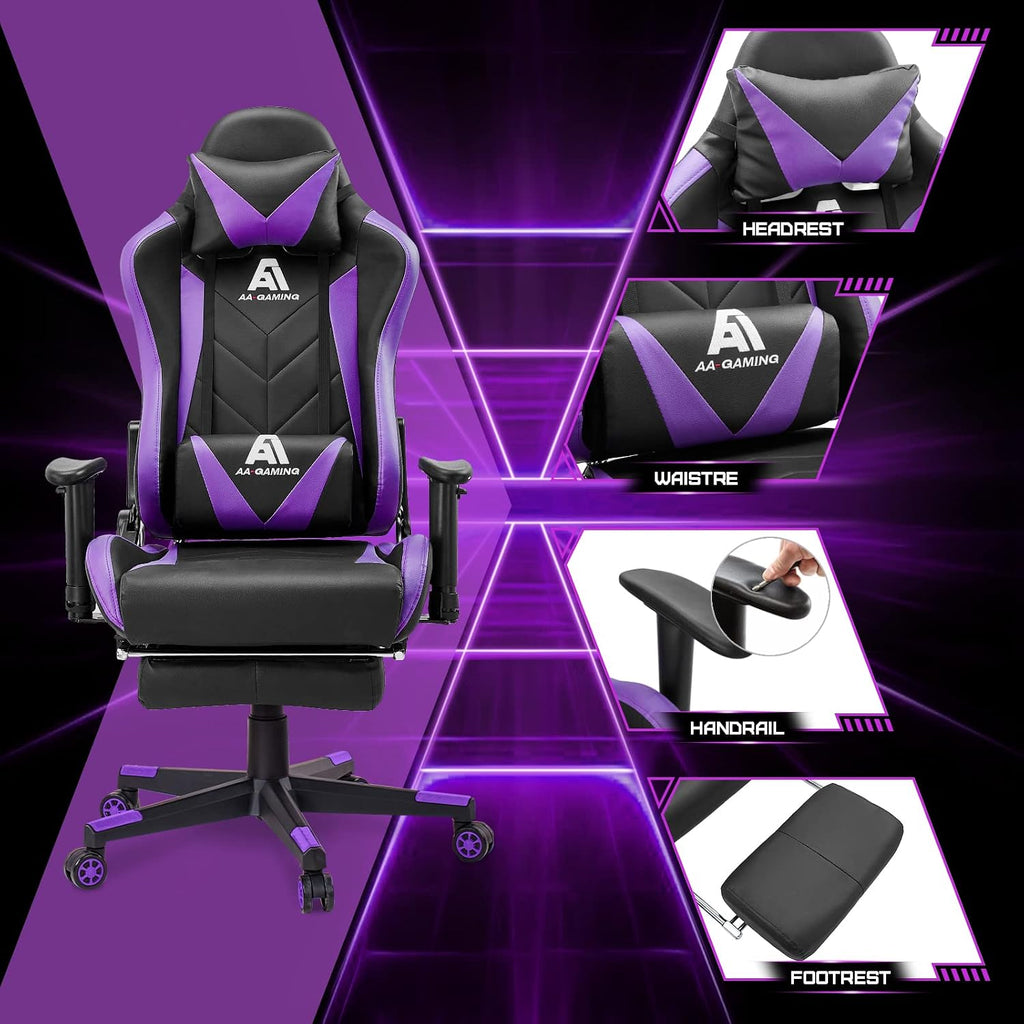 Gaming Chair High Back Ergonomic Computer Racing Chair Adjustable Office Chair with Footrest, Lumbar Support Swivel Chair - Upgraded Version BlackPurple