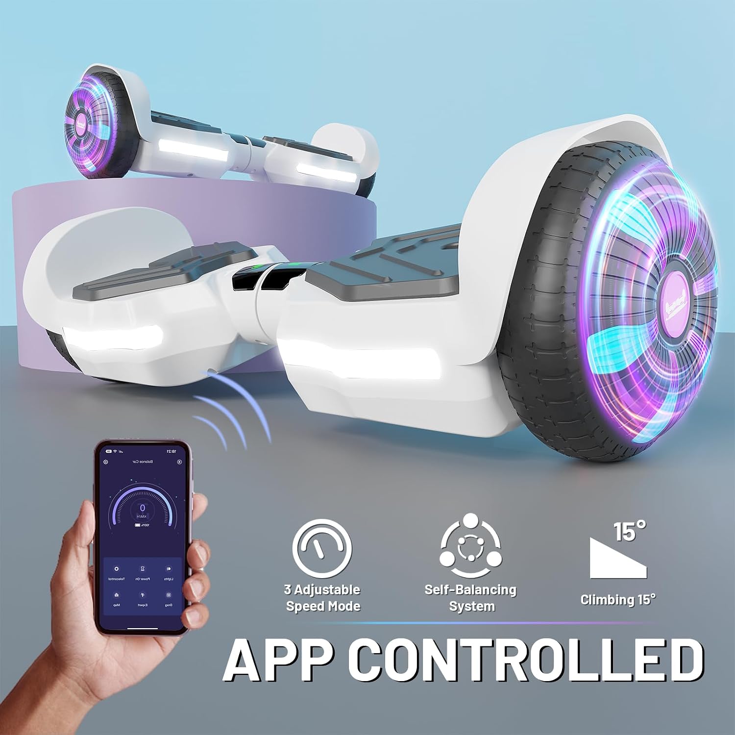 SIMATE Scooter, Bluetooth Speakers and LED Light-Up Wheels, APP Control, Dual 250W Motors, 8.5 mph Max Speed & 8.5 Miles Max Range, Gifts for Kids Adults Girls Boys