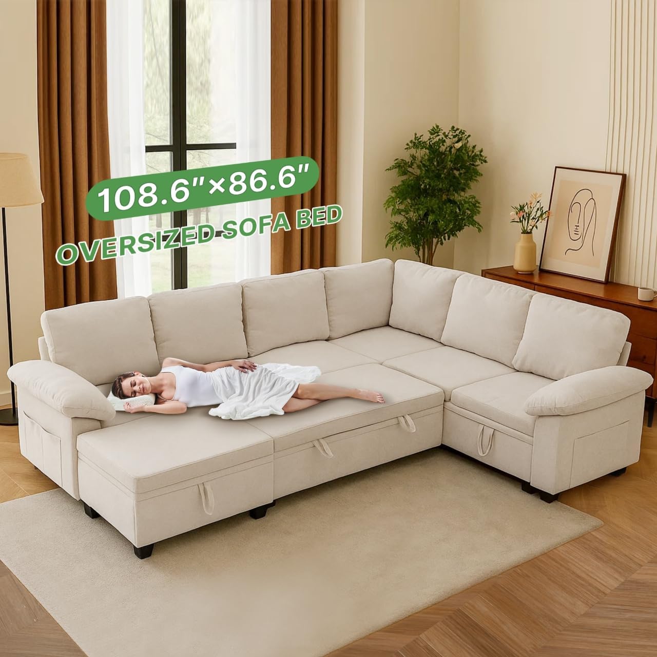 Modular Sectional Sofa with Pull Out Bed Sleeper Sofa L Shaped with Storage, Sectional Couch for Living Room Convertible Sofa Bed with Removable Sofa Cover(7 Seats Beige)