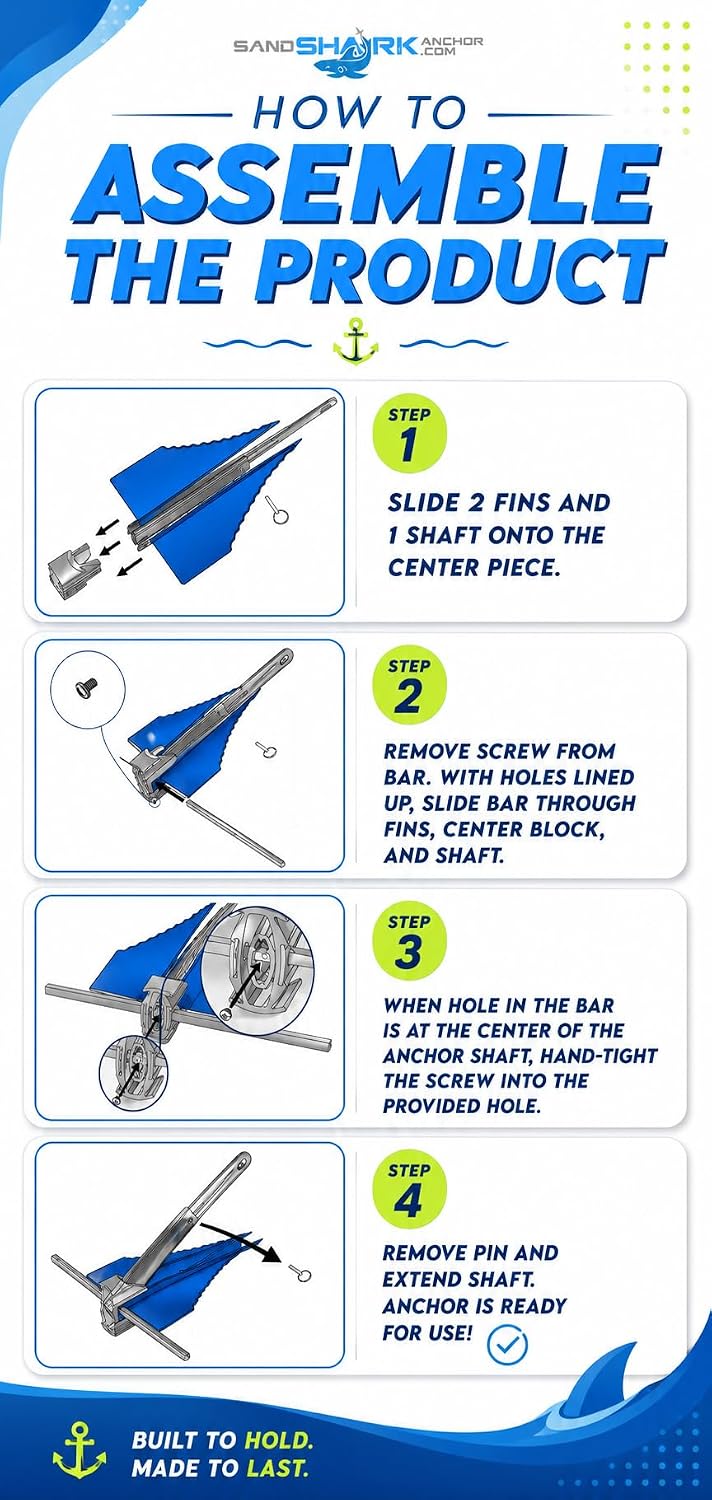 SandShark Premium Fluke Anchor-Retractable Shaft Easy Storage-Aluminum Pontoon Boat Anchor, Jet Ski Anchor. Boats<30 ft. Sand Anchor for Boat, Boat Anchor.