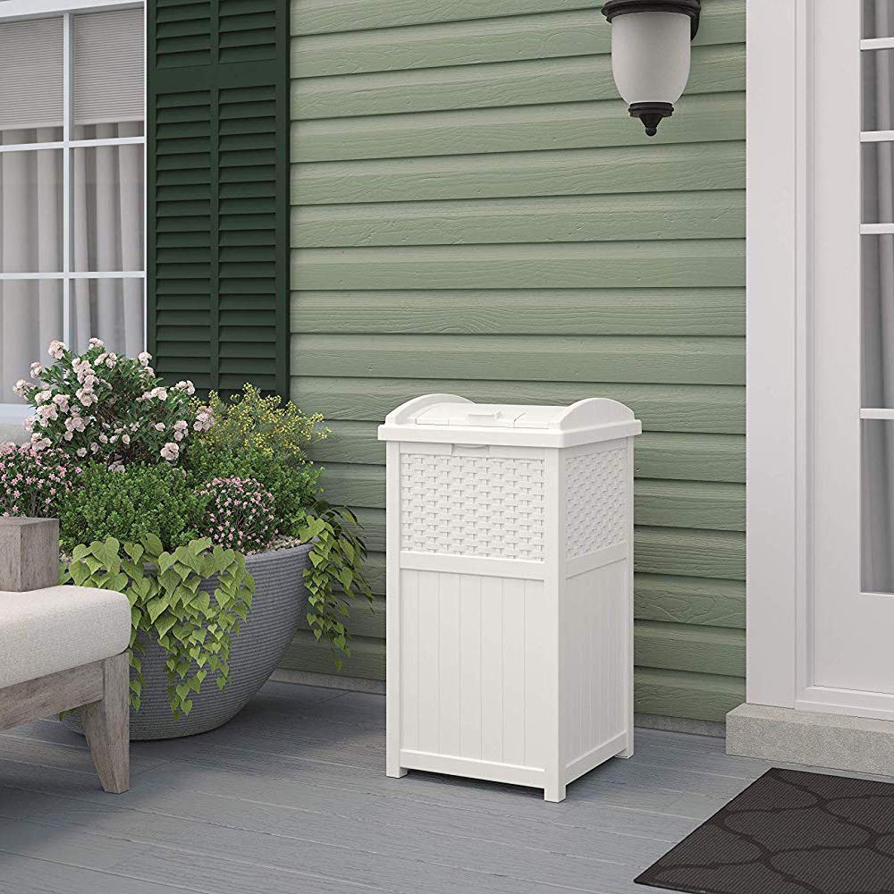 Suncast Wicker Plastic Outdoor Hideaway 33 Gallon Trash Can Bin with Latching Lid for Backyard, Deck, or Patio Use, White (2 Pack)