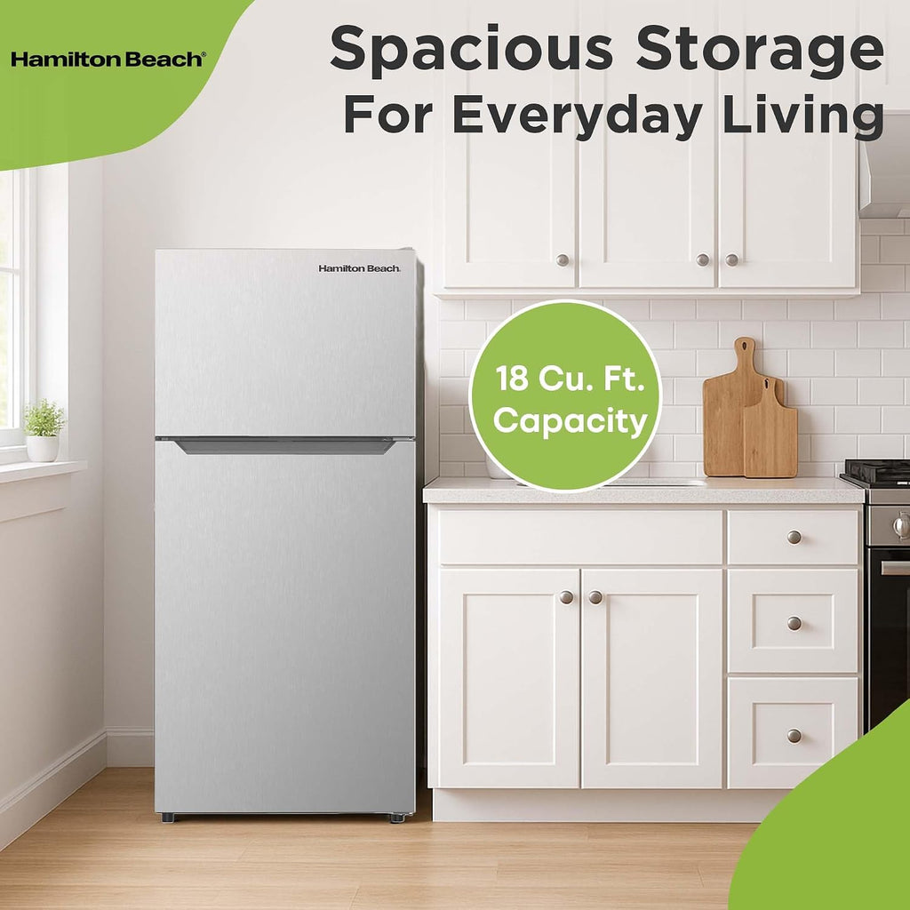Hamilton Beach Frost-Free Top-Mount 2-Door Apartment Size Refrigerator, Stainless Steel, 18 cu. ft.