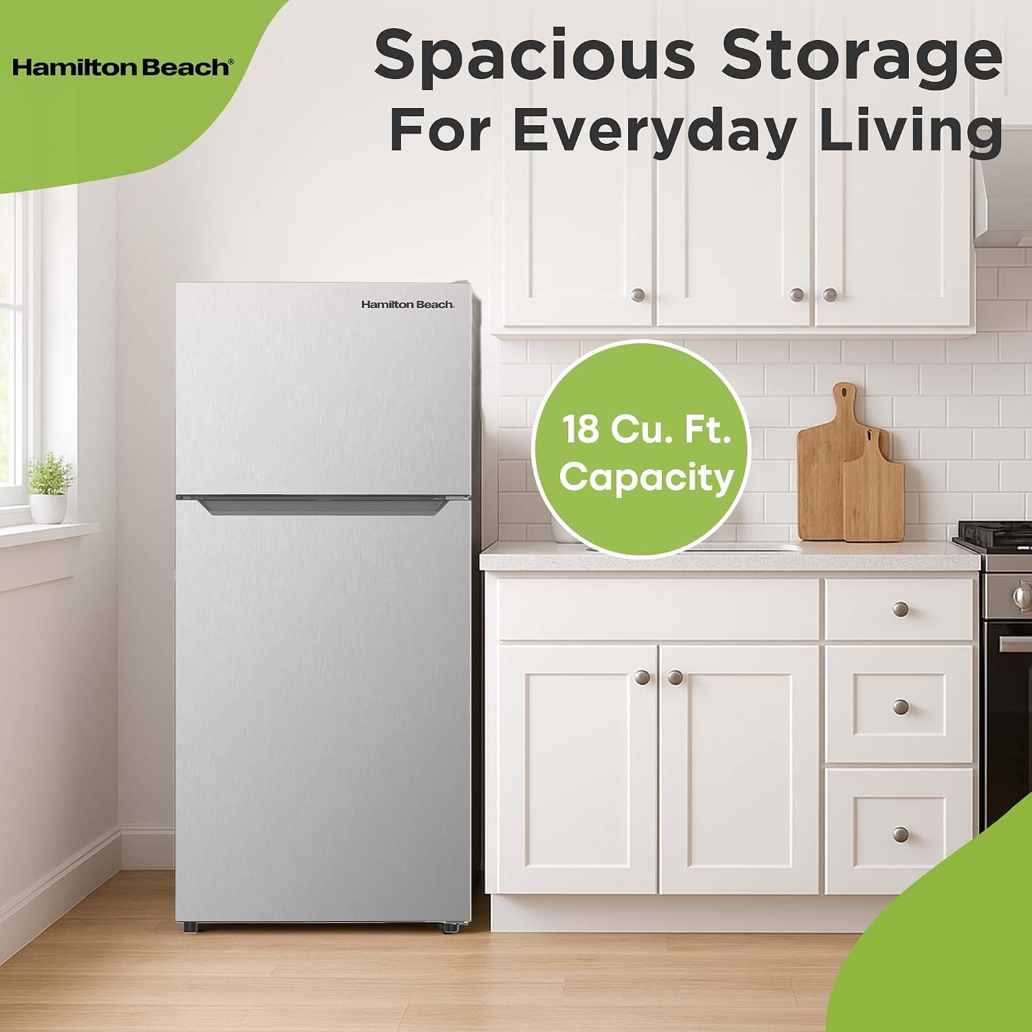 Hamilton Beach Frost-Free Top-Mount 2-Door Apartment Size Refrigerator, Stainless Steel, 18 cu. ft.