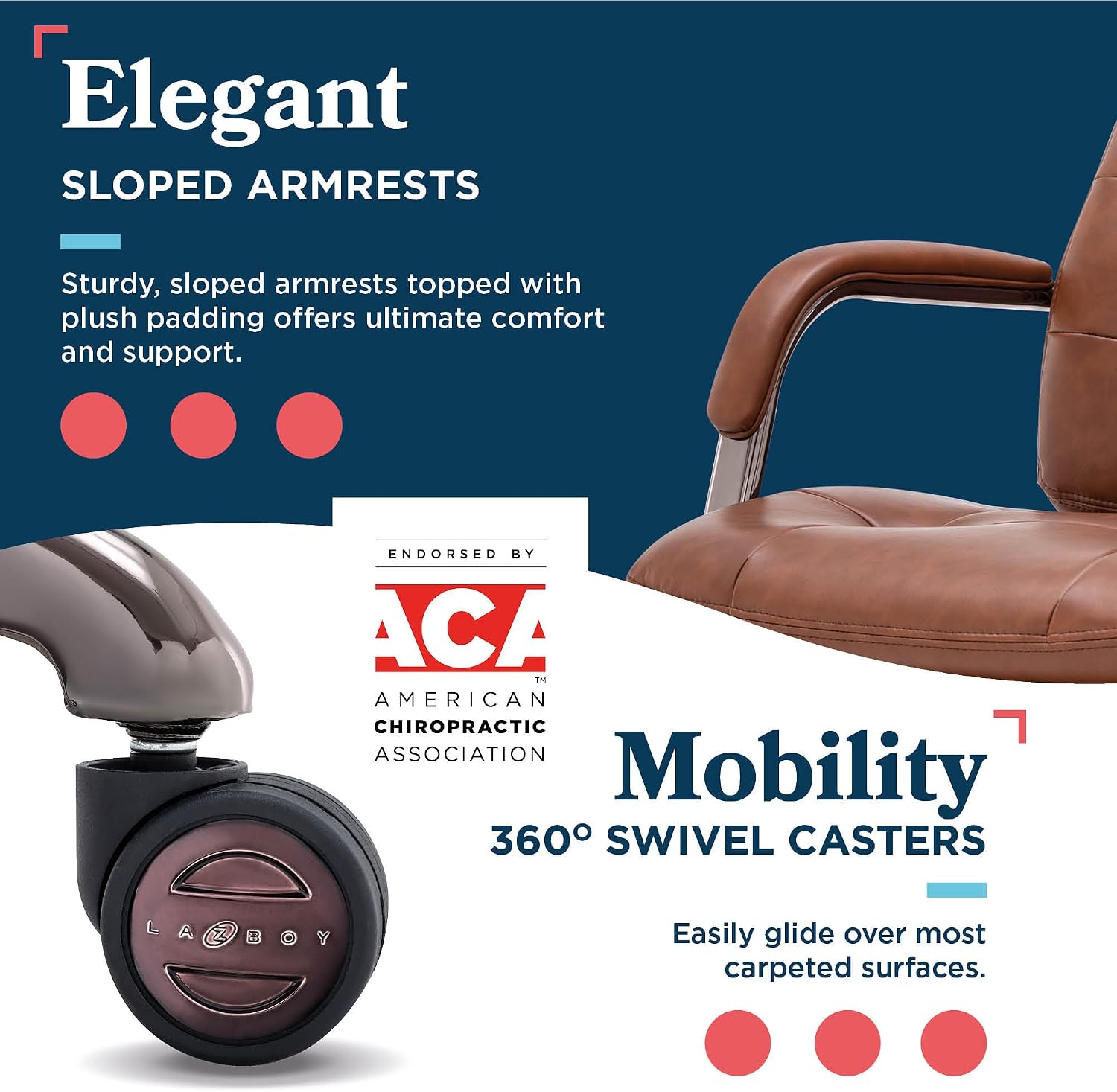 La-Z-Boy Sonata Executive Mid-Back Office Chair, Button-Tufted Seat and Back, Double-Layer Cushion, Padded Armrests, Ergonomic Computer DeskChair, Swivel Metal Base, Bonded Leather, Cognac/Graphite