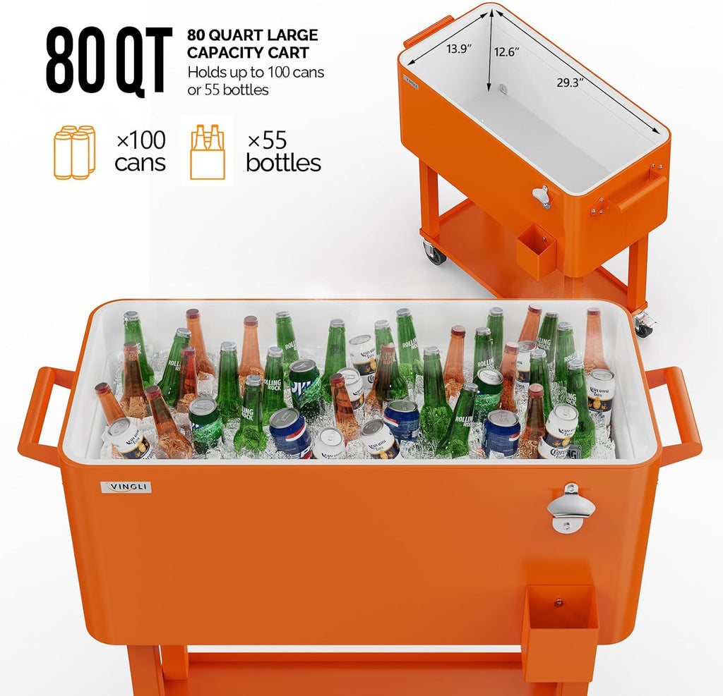VINGLI Rolling Ice Chest, Portable Patio Party Bar Drink Cooler Cart, with Shelf, Beverage Pool with Bottle Opener